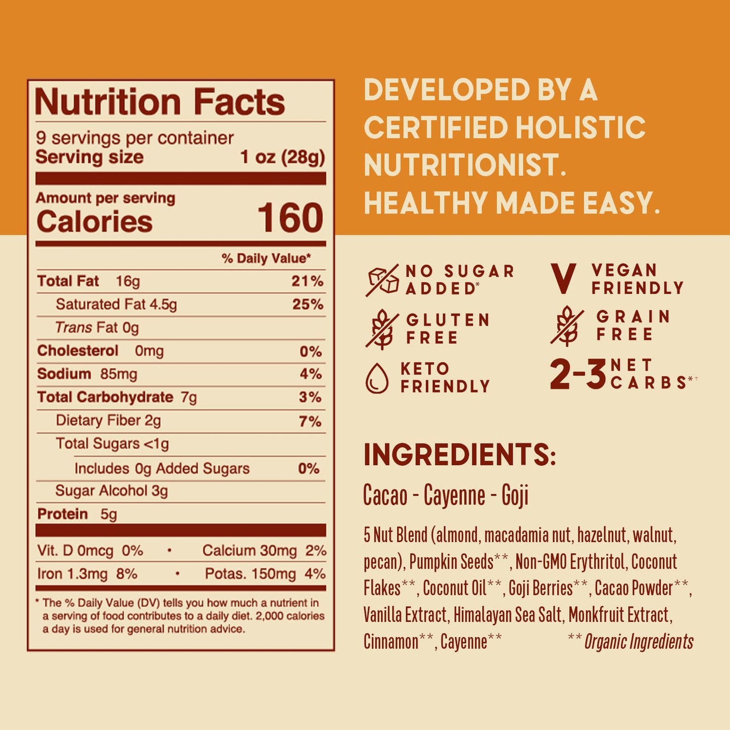 Better Than Provisions 5 Nut Grain-Free Granola, Keto Food, Pack of Cacao Cayenne Goji, with Almonds, Macadamia Nuts, Walnuts, Hazelnuts, Pecans