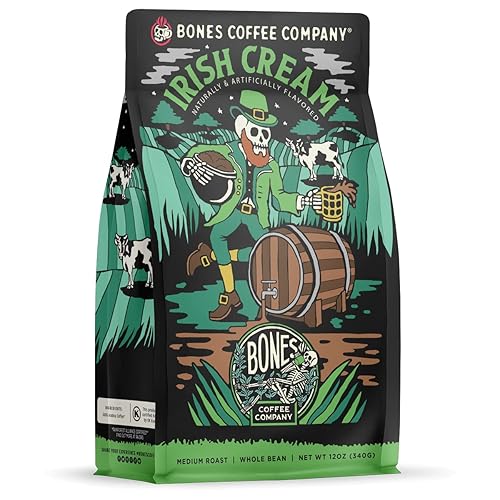 Bones Coffee Company Irish Cream, Creamy Liqueur Flavored Coffee, Medium Roast Low Acid Arabica Beans Compatible with Auto drip and French Press