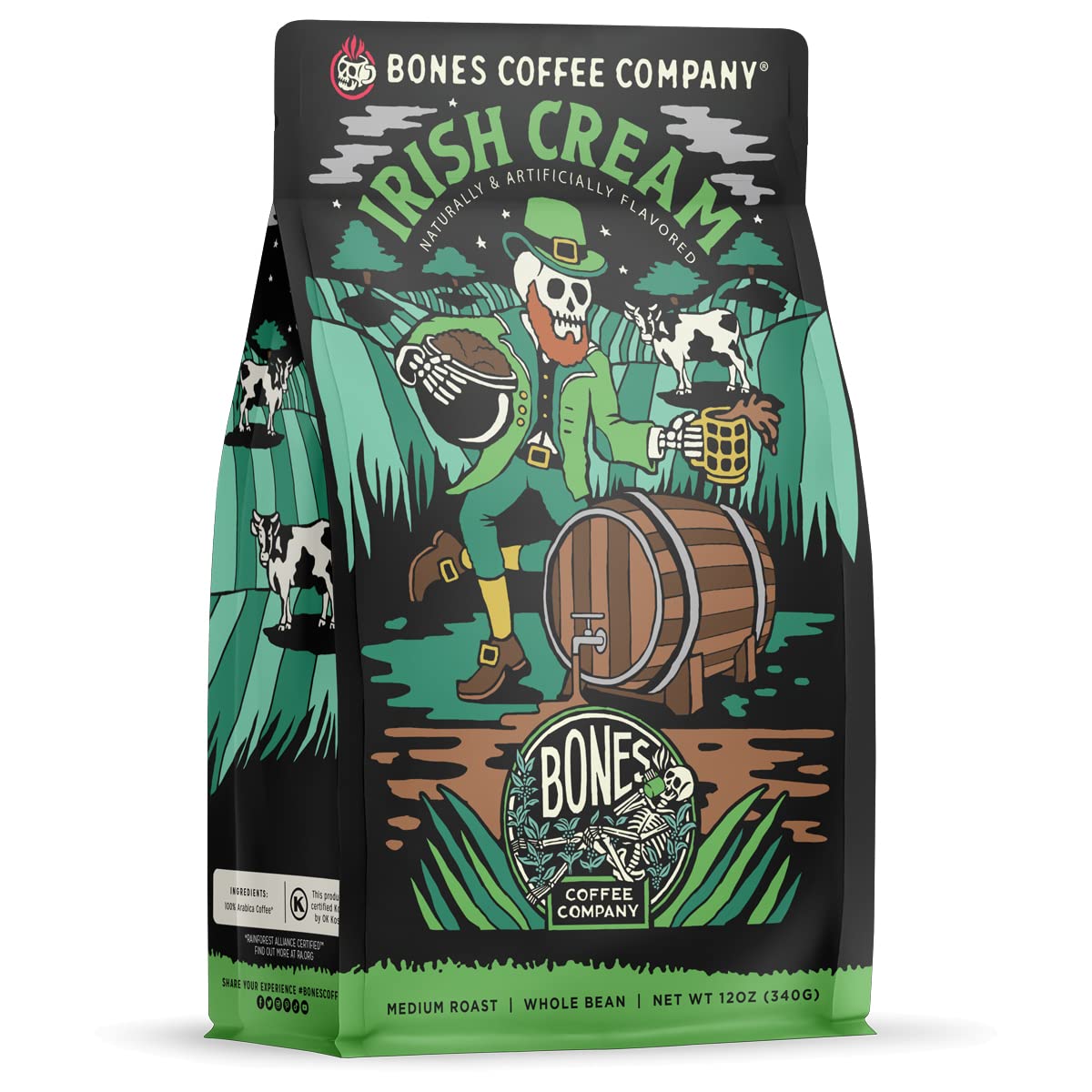 Bones Coffee Company Irish Cream, Creamy Liqueur Flavored Coffee, Medium Roast Low Acid Arabica Beans Compatible with Auto drip and French Press