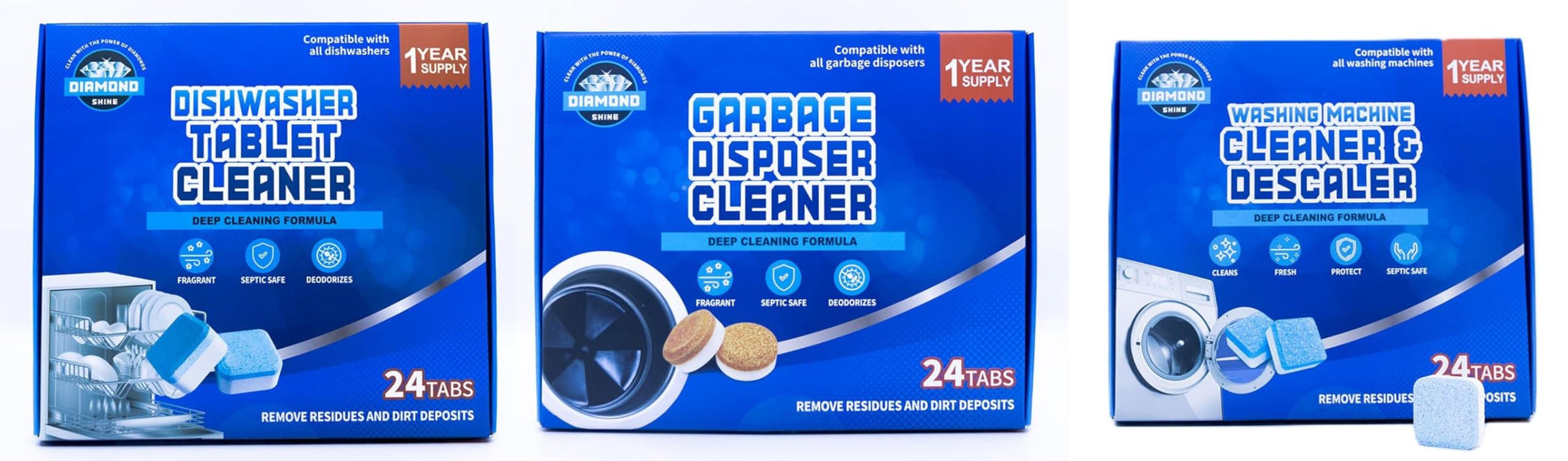 Diamond Shine Appliance Cleaner Bundle - 24 Tabs Each - Dishwasher Tablet, Garbage Disposer & Washing Machine Descaler - Septic Safe, Deodorizes