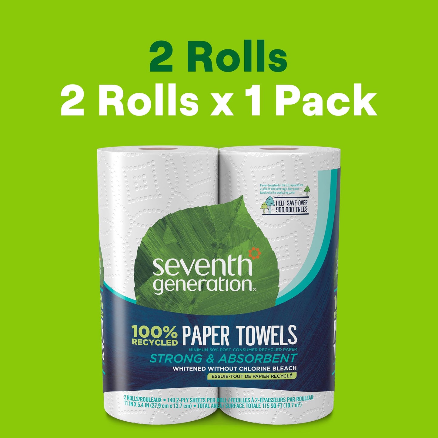 Seventh Generation Paper Towels, 100% Recycled Paper, 2-ply, 2 Rolls (Packaging May Vary)