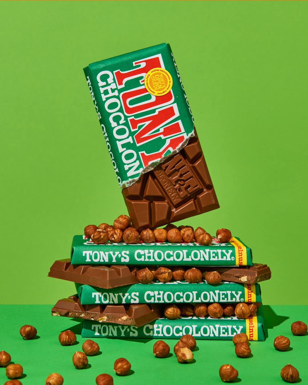 Tony’s Chocolonely Belgian Milk Chocolate Hazelnut Candy Bar for Snacks, Chocolate Bar for Party Favors, Gifts, or Gift Basket, 32% Cacao, Made From