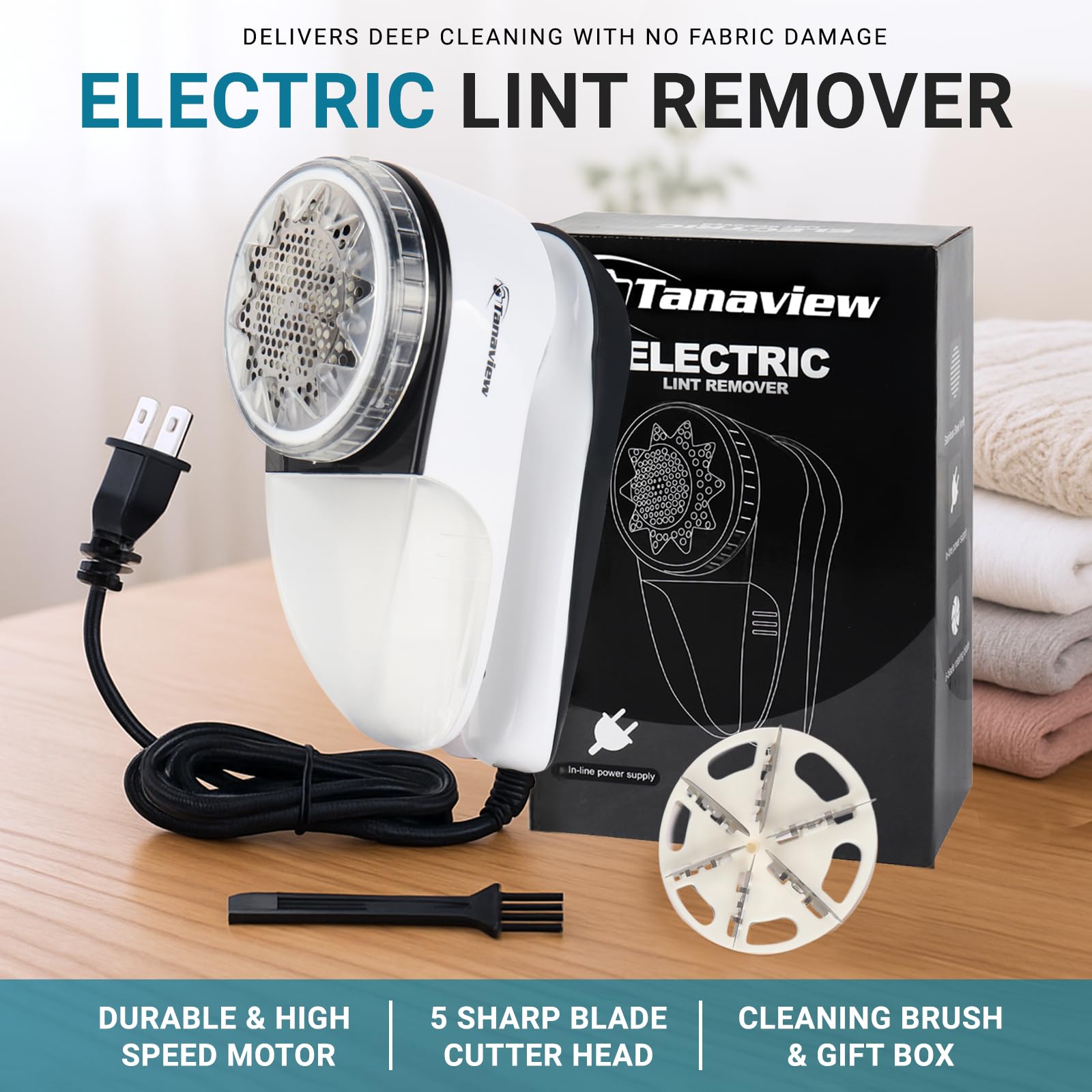 Power Corded Electric Fabric Shaver, No Battery, Pilling & Fuzz Remover for Clothes, Furniture, Couch, Sweaters - 6 Leaf Blades - Portable Defuzzer
