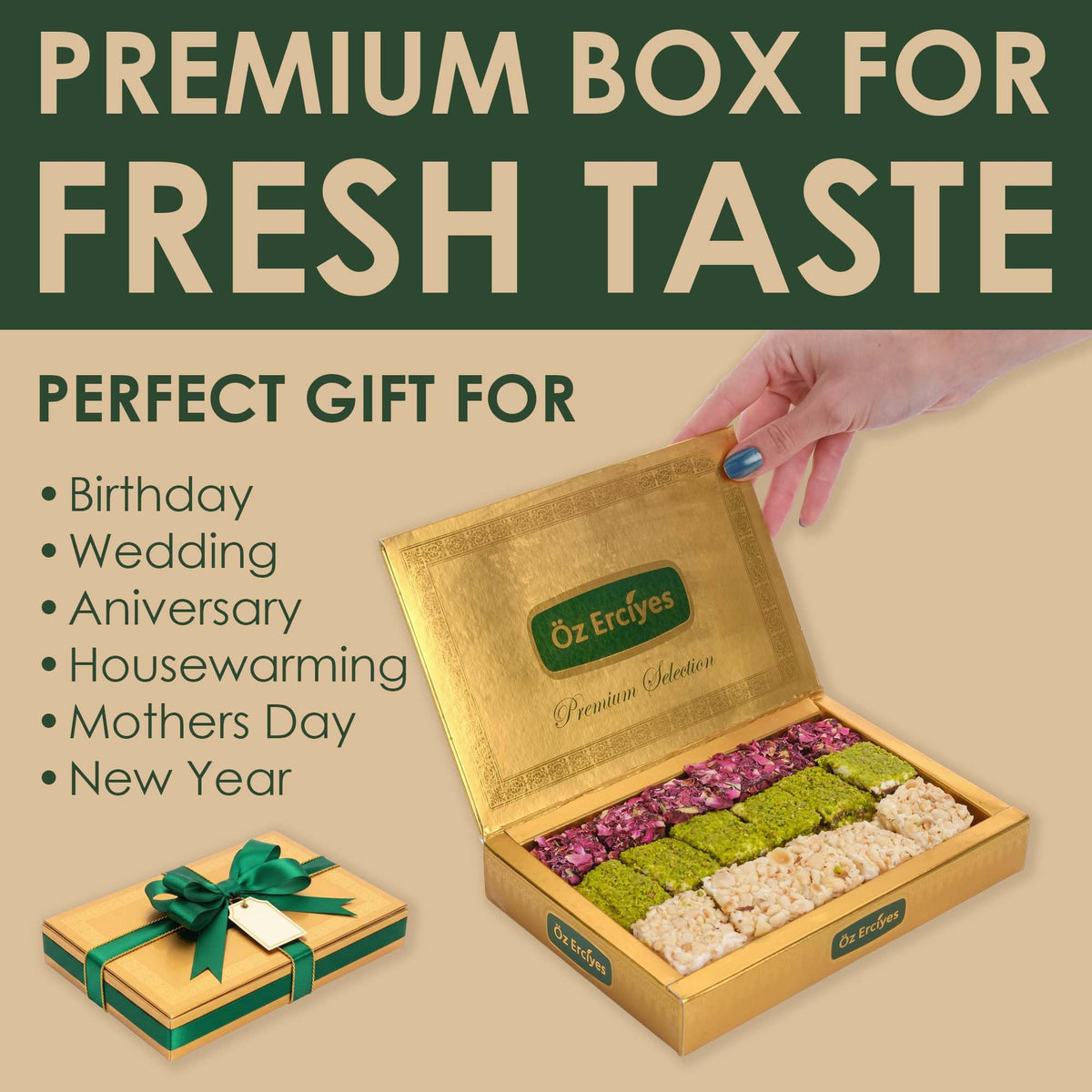 Rose & Pistachio Baklava Style Turkish Delight - Hazelnut Cream, Chocolate & Rose Petal Lokum Candy Box, Gourmet Turkish Sweets, 17.6 oz (500g)