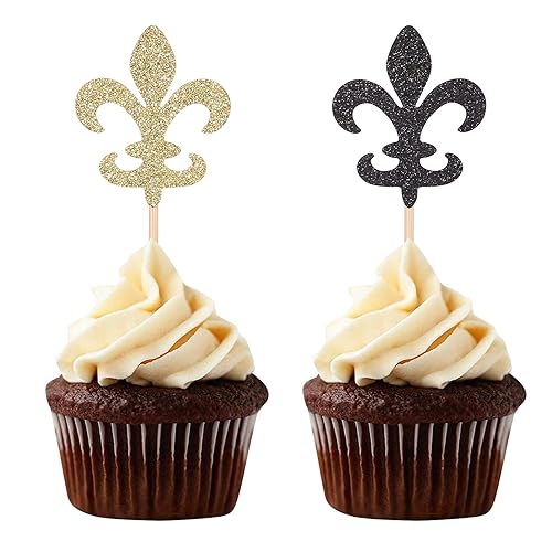 Black and Gold Fleur De Lis Cupcake Toppers French Party Birthday Picks Decorations - 24 Counts