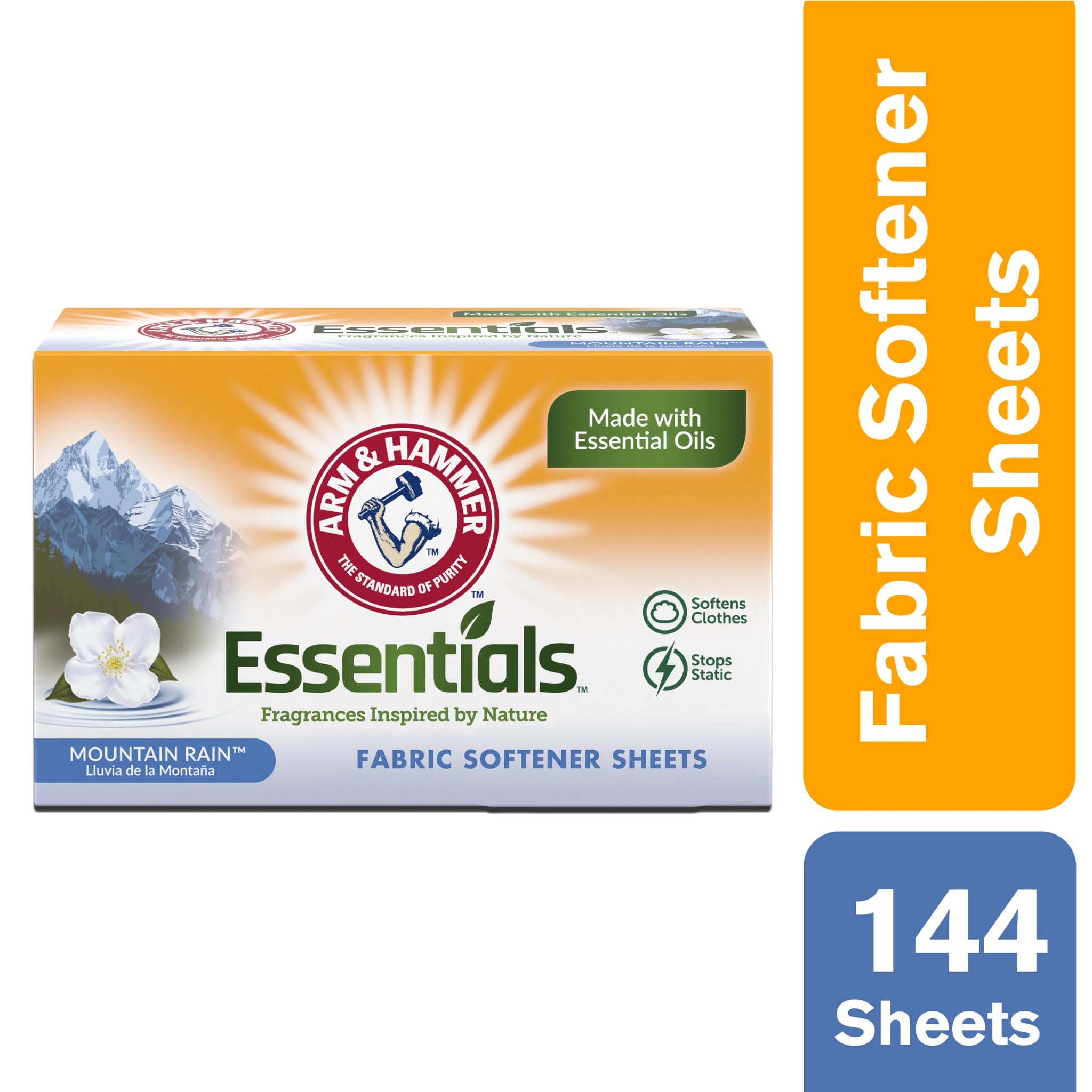Arm & Hammer Essentials Dryer Sheets, Mountain Rain, 144 Sheets/box