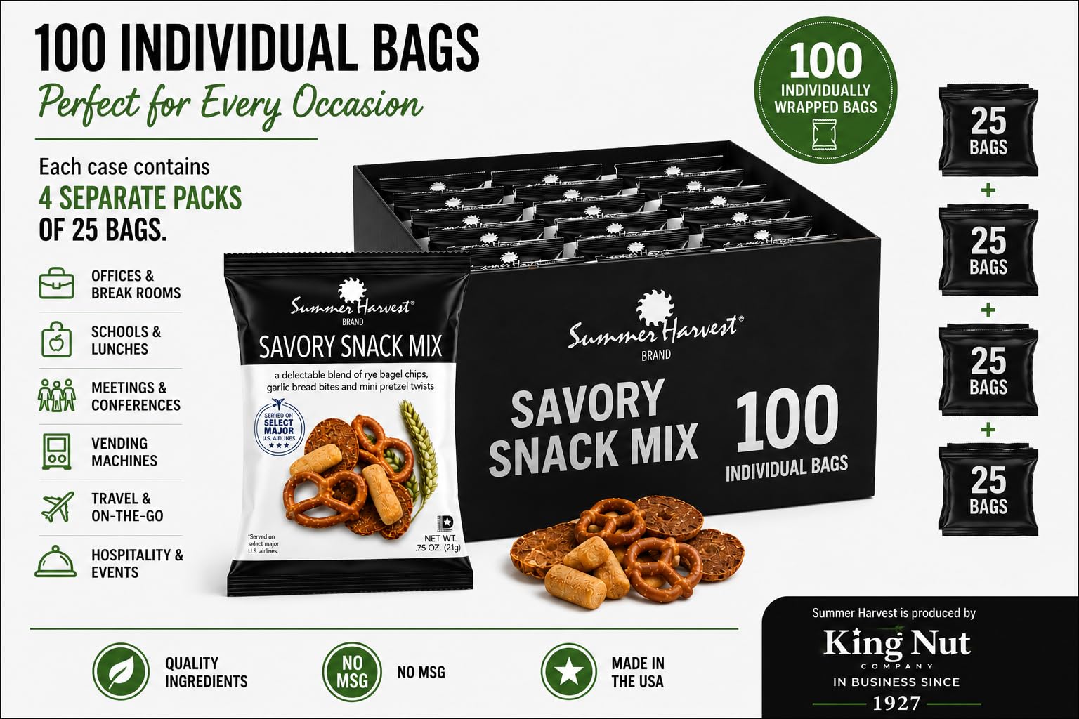 Summer Harvest Savory Snack Mix, 100 Individually Wrapped Bags .75oz each