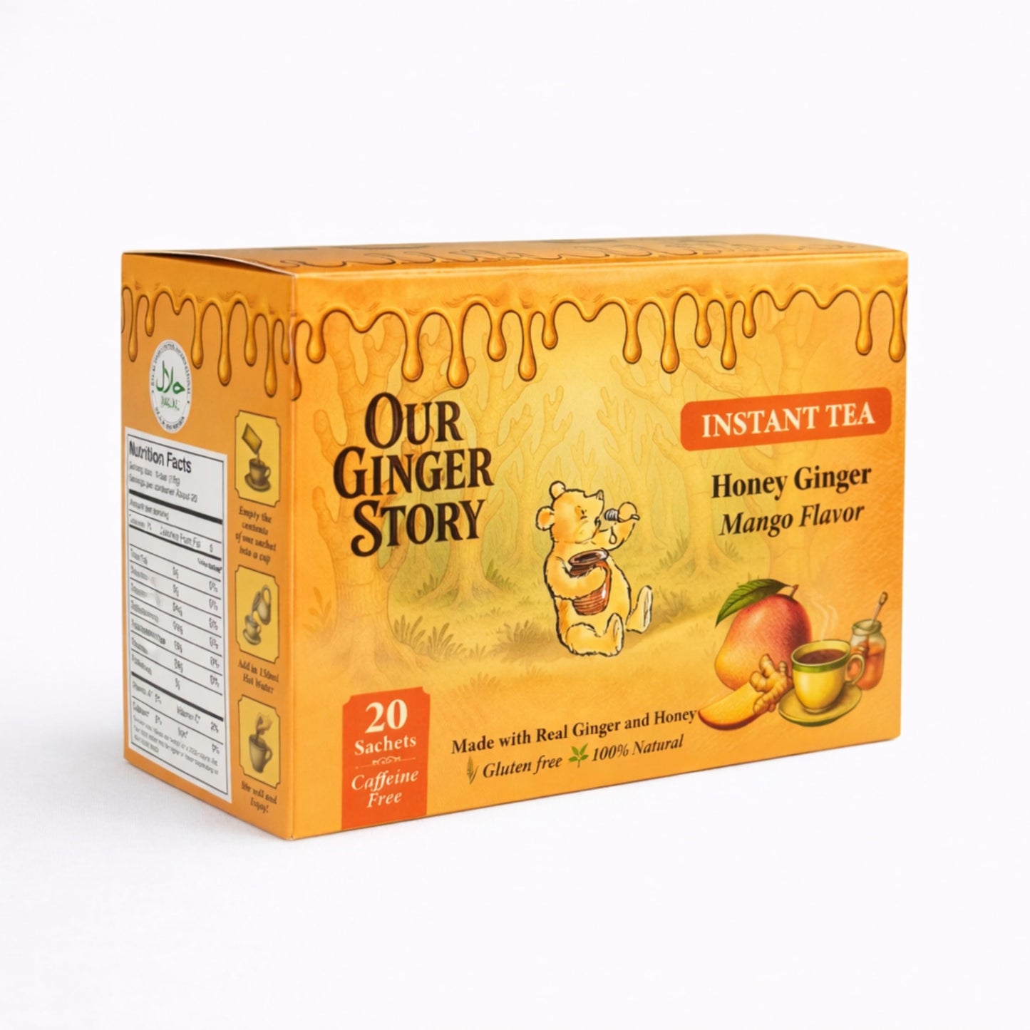 Premium Honey Ginger Instant Tea Crystals, Mango Flavor, 20 Sachets, Real Ginger, Real Honey, Pure Cane Sugar, Caffeine Free, Hot Or Cold Single Serve