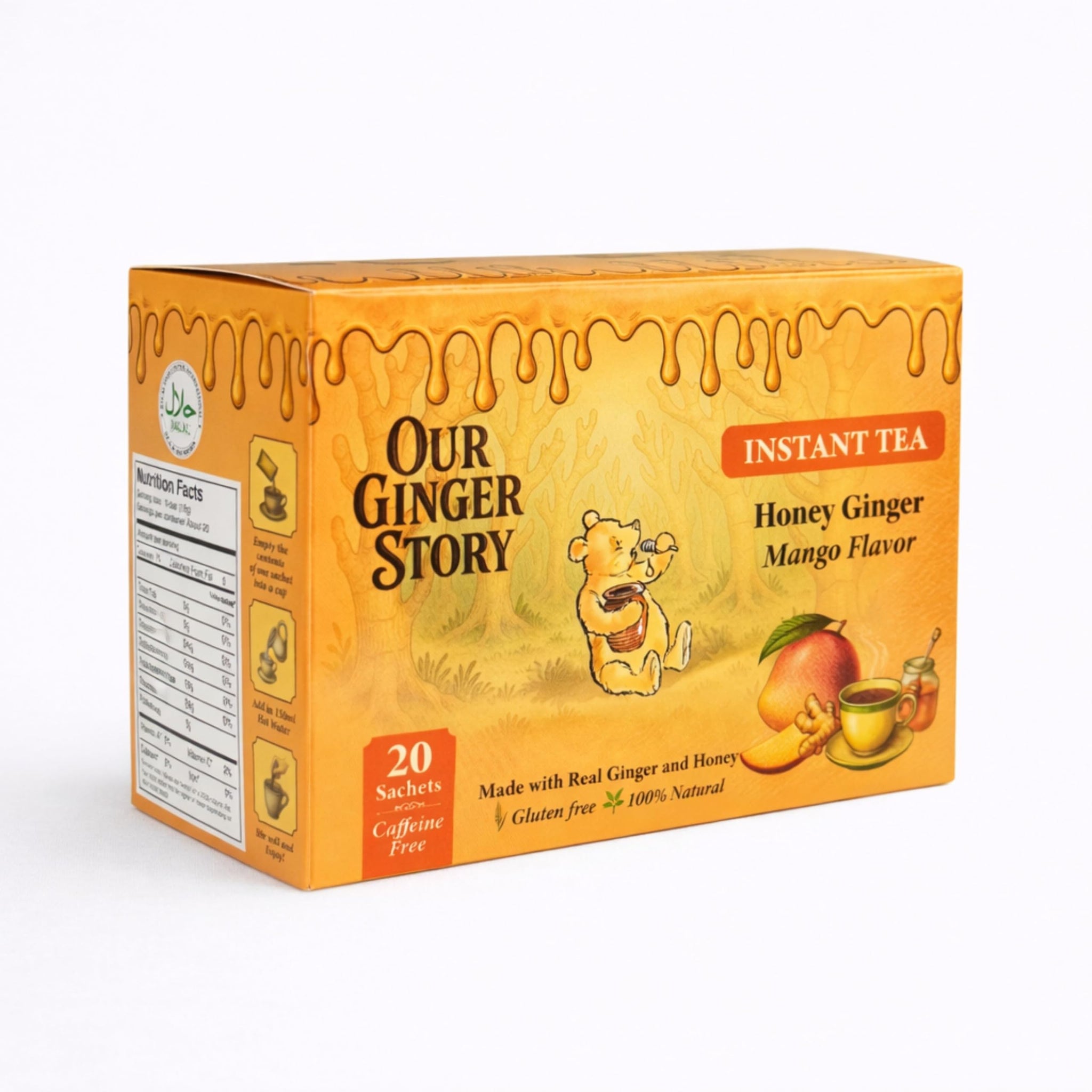 Premium Honey Ginger Instant Tea Crystals, Mango Flavor, 20 Sachets, Real Ginger, Real Honey, Pure Cane Sugar, Caffeine Free, Hot Or Cold Single Serve