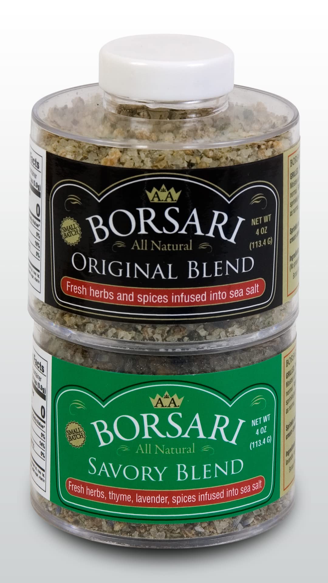 Borsari Seasoned Salt Combo - Multi-Use All Purpose Savory and Original Seasonings - Gourmet Sea Salt Blends With Herbs and Spices - Set of 2, 4 oz