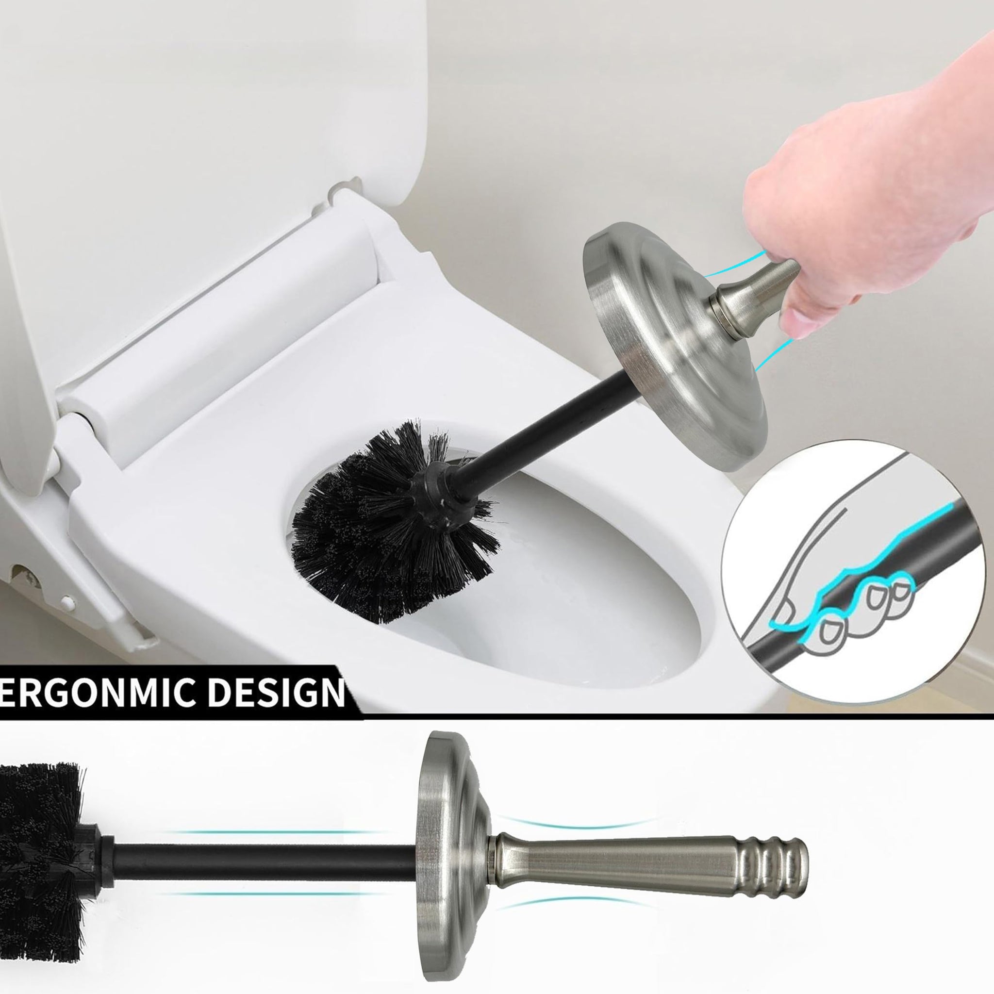 Indecor Home Brushed Nickel Toilet Bowl Brush with Holder, Durable Bathroom Cleaning Tool, Modern Design for Easy Toilet Maintenance, Bathroom Cleaner