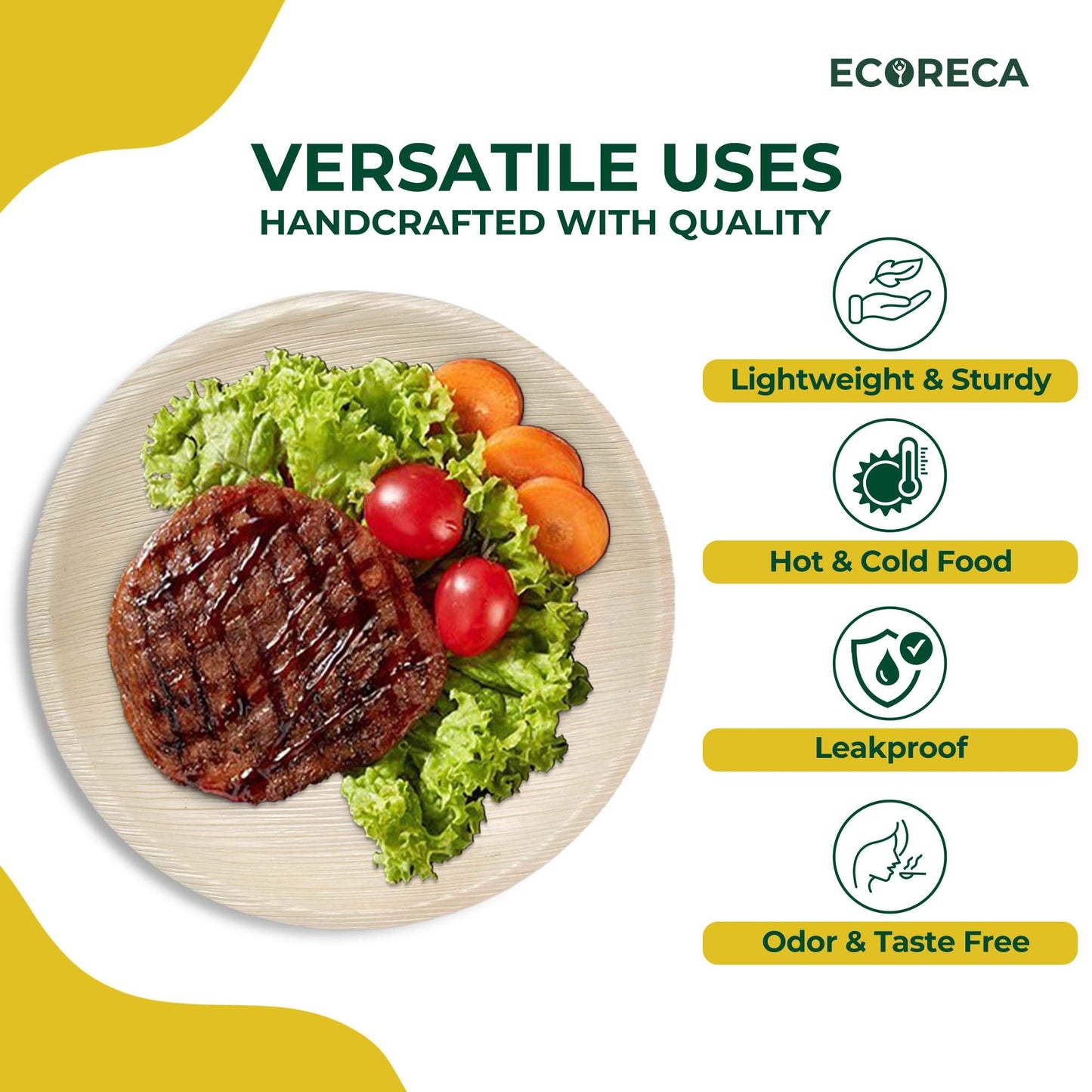 ECORECA 50-Pack Biodegradable Palm Leaf Dinnerware Set | 10-Inch Round Plates |Eco-Friendly and Microwave Safe | Disposable Party Plates, BBQ |