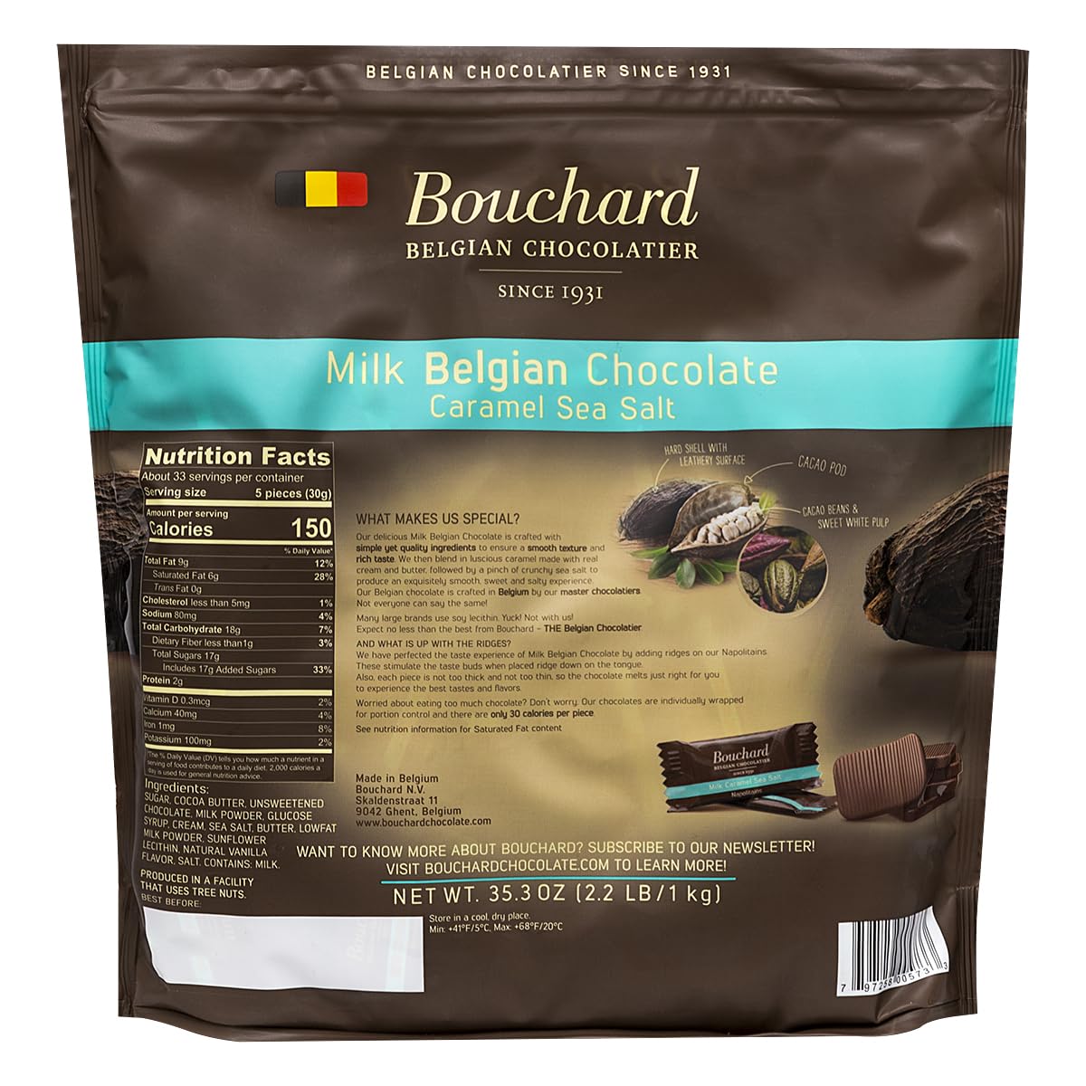 Bouchard Belgian Milk Chocolate Caramel Sea Salt Napolitains 35.3 OZ (2.2 LB/1KG)