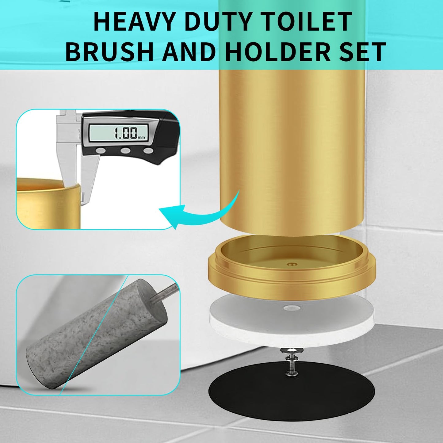 Gold Toilet Brush and Holder Set,304 Stainless Steel Toilet Brush for Bathroom with Long Handle, Heavy Duty Brass Toilet Bowl Brush,Removable Inner