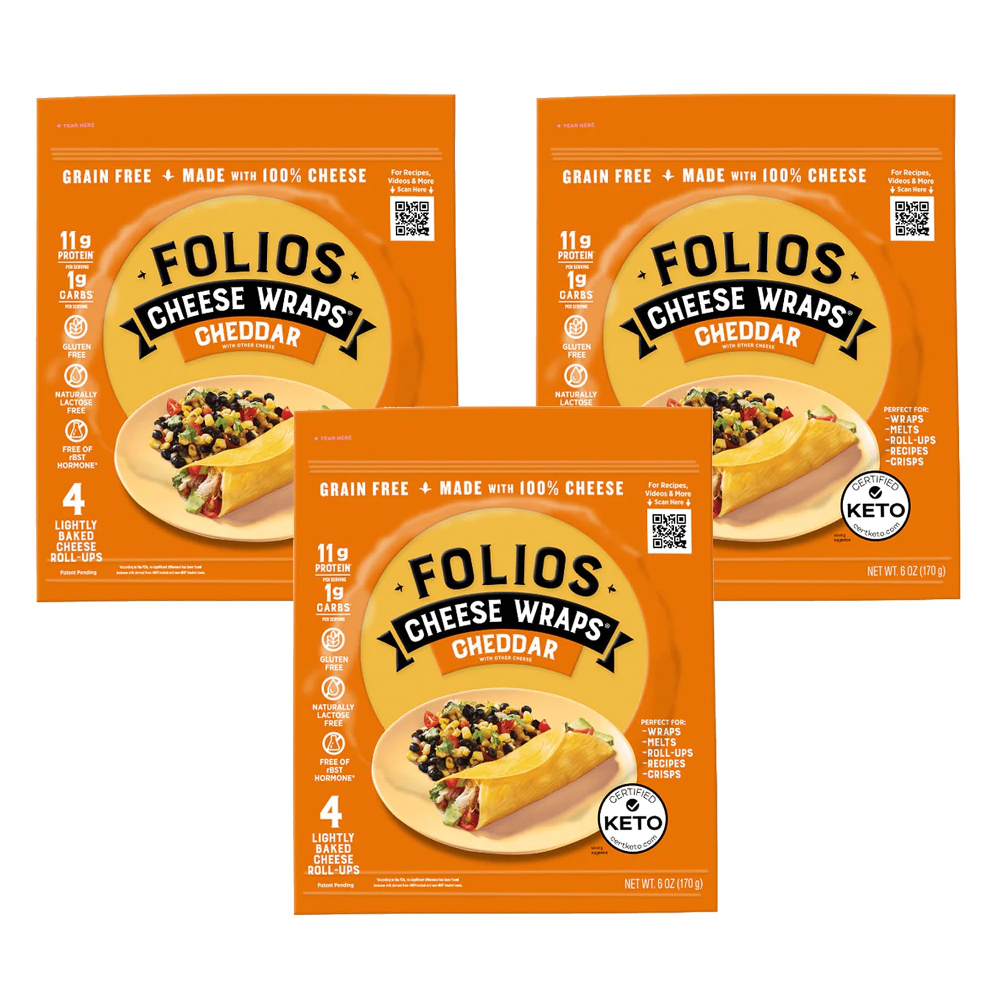 Folios 100% All Natural Cheese Wraps | Cheddar Flavor | Gluten Free, Grain Free and Naturally Lactose Free | Certified Keto | 1 gr of carbs, 3 Pack
