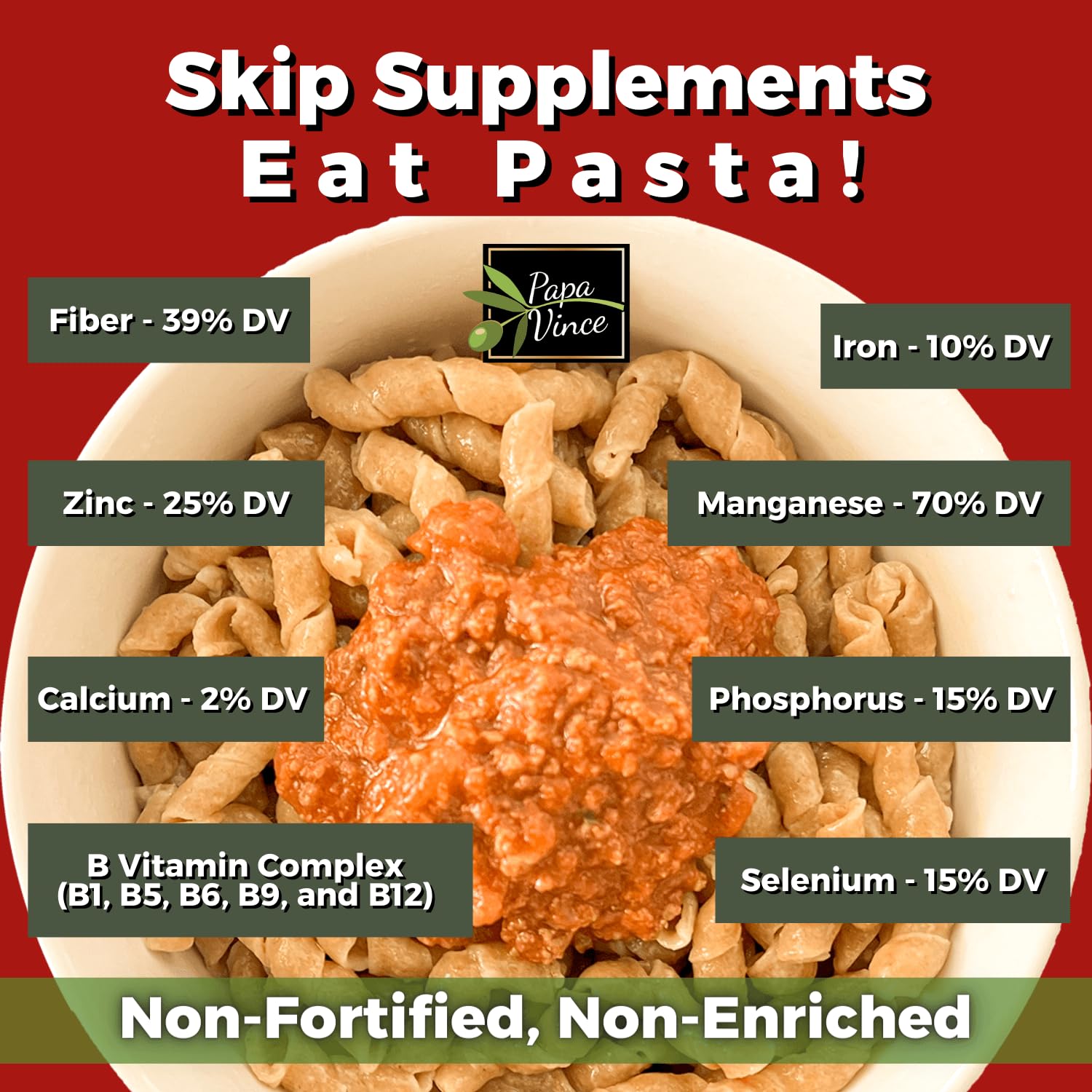 Papa Vince Organic Italian Pasta - Imported Whole Wheat Heirloom Grain from Italy: Non-Enriched, Bronze Die-Cut, High Fiber, Slow Carb, Slow-Dried