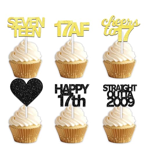 18pcs Black Gold Glitter Dessert Cupcake Pick for Straight Outta 2009 Cheer to 17 Years Old Theme Decor Supplies Happy 17th Birthday Party Decoration