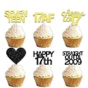 18pcs Black Gold Glitter Dessert Cupcake Pick for Straight Outta 2009 Cheer to 17 Years Old Theme Decor Supplies Happy 17th Birthday Party Decoration