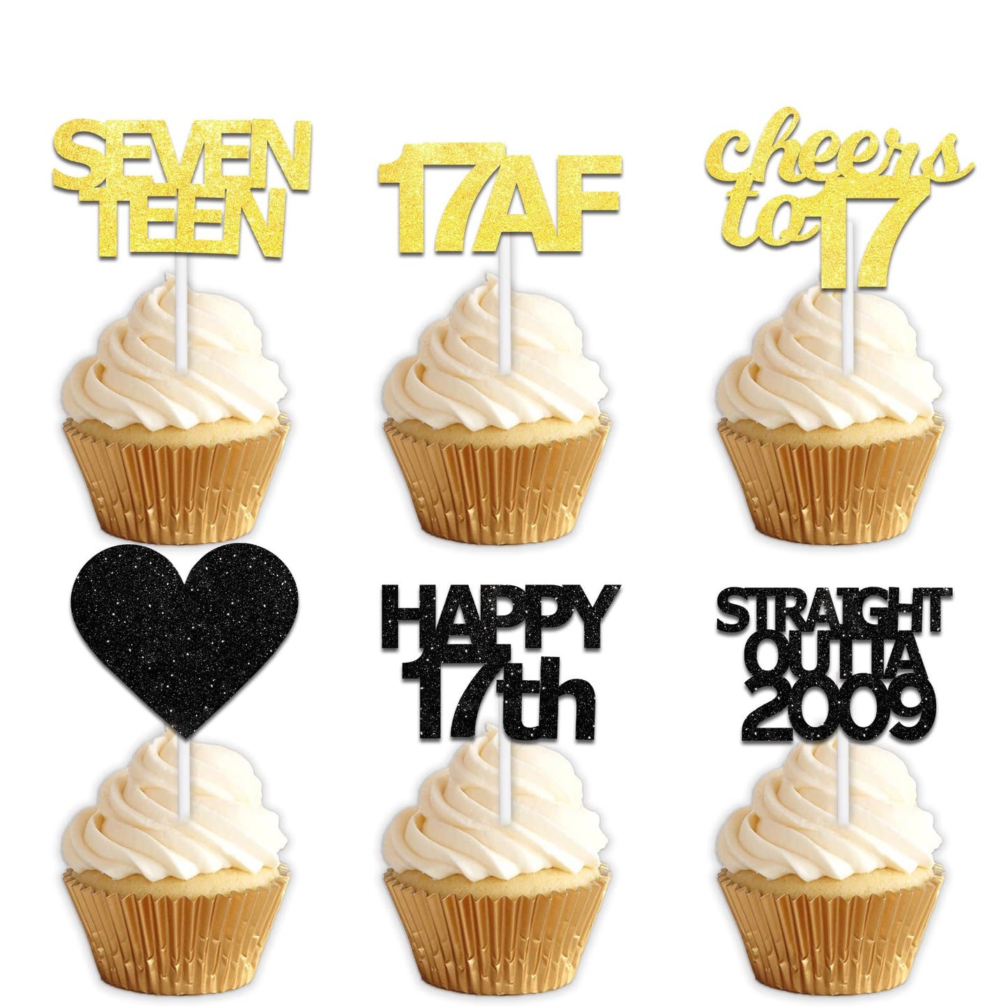 18pcs Black Gold Glitter Dessert Cupcake Pick for Straight Outta 2009 Cheer to 17 Years Old Theme Decor Supplies Happy 17th Birthday Party Decoration