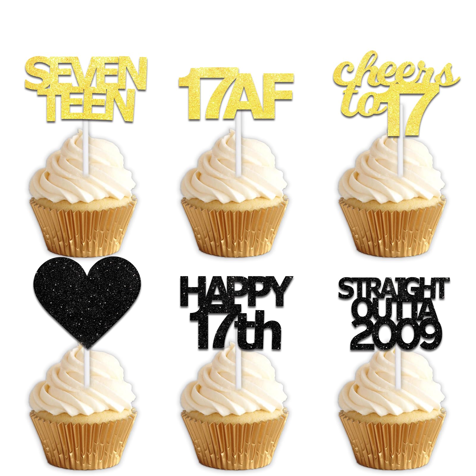 18pcs Black Gold Glitter Dessert Cupcake Pick for Straight Outta 2009 Cheer to 17 Years Old Theme Decor Supplies Happy 17th Birthday Party Decoration
