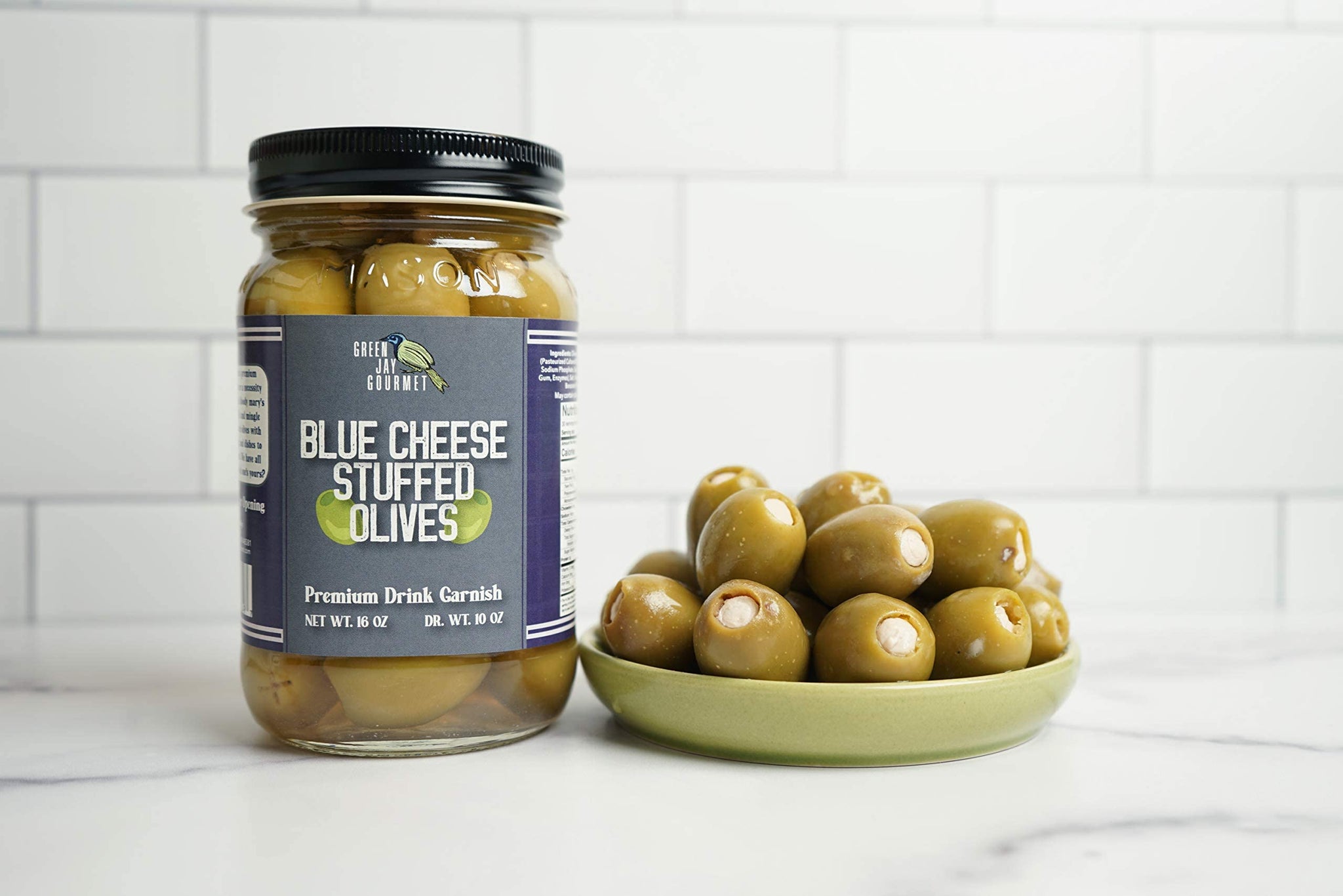 Green Jay Gourmet Blue Cheese Stuffed Olives - Cheese Stuffed Green Olives for Cocktail Garnish & Cheese Board - Dirty Martini Olives - Gourmet Olives