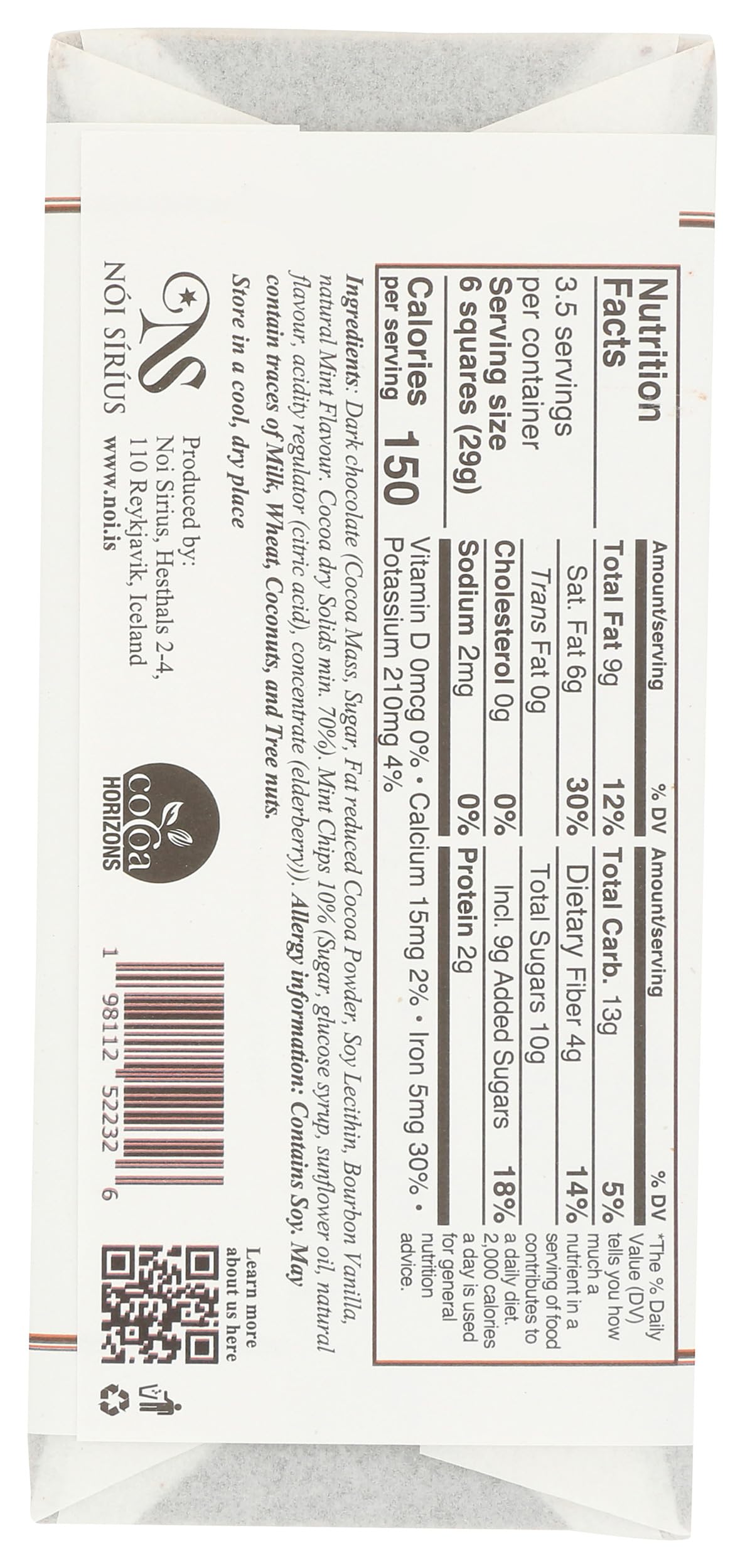 Noi Sirius Bar Chocolate Dark 70% Crunchy Mint 3.53 Ounce