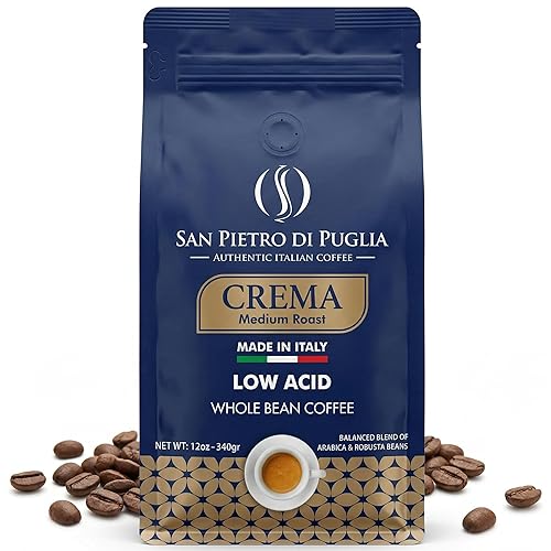 Whole Bean Coffee Medium Roast, Super Crema Arabica and Robusta Blend, Low Acid, Bold & Nutty Flavor, 12oz Bag, Fresh Artisan Roast from Puglia