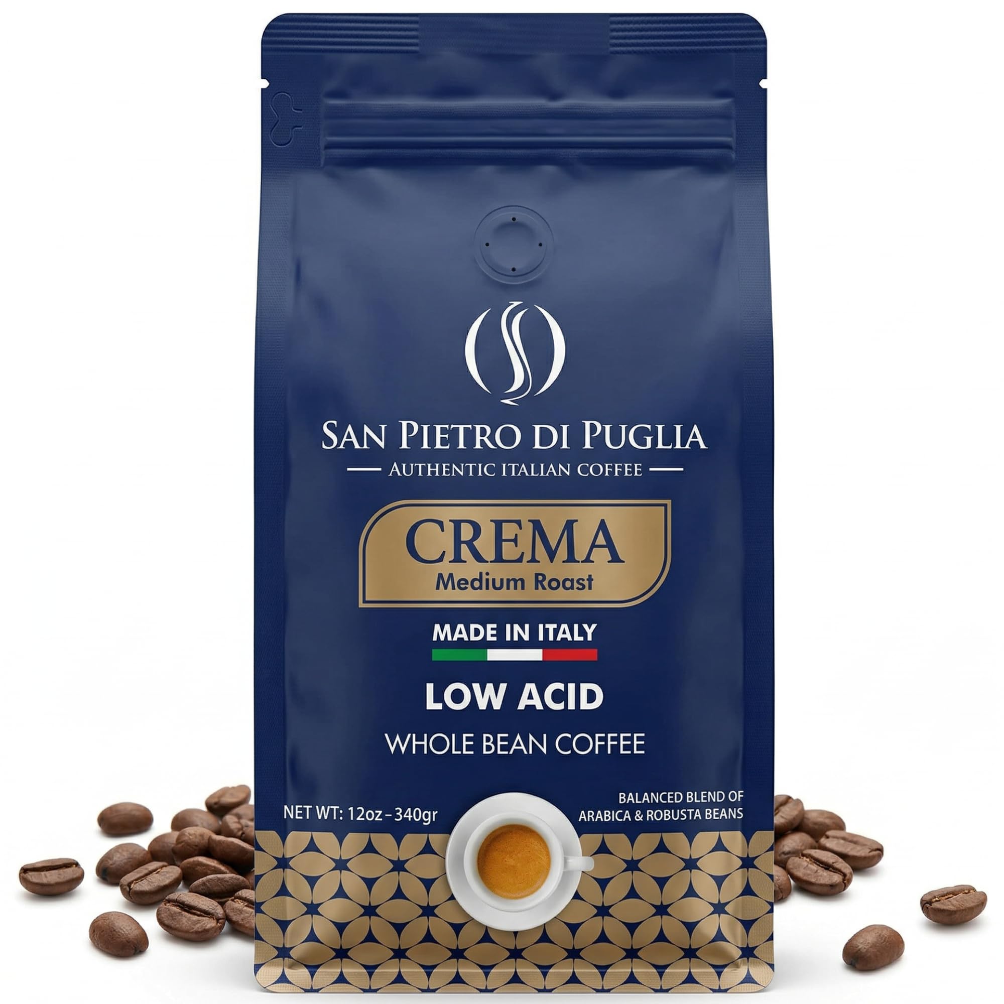 Whole Bean Coffee Medium Roast, Super Crema Arabica and Robusta Blend, Low Acid, Bold & Nutty Flavor, 12oz Bag, Fresh Artisan Roast from Puglia