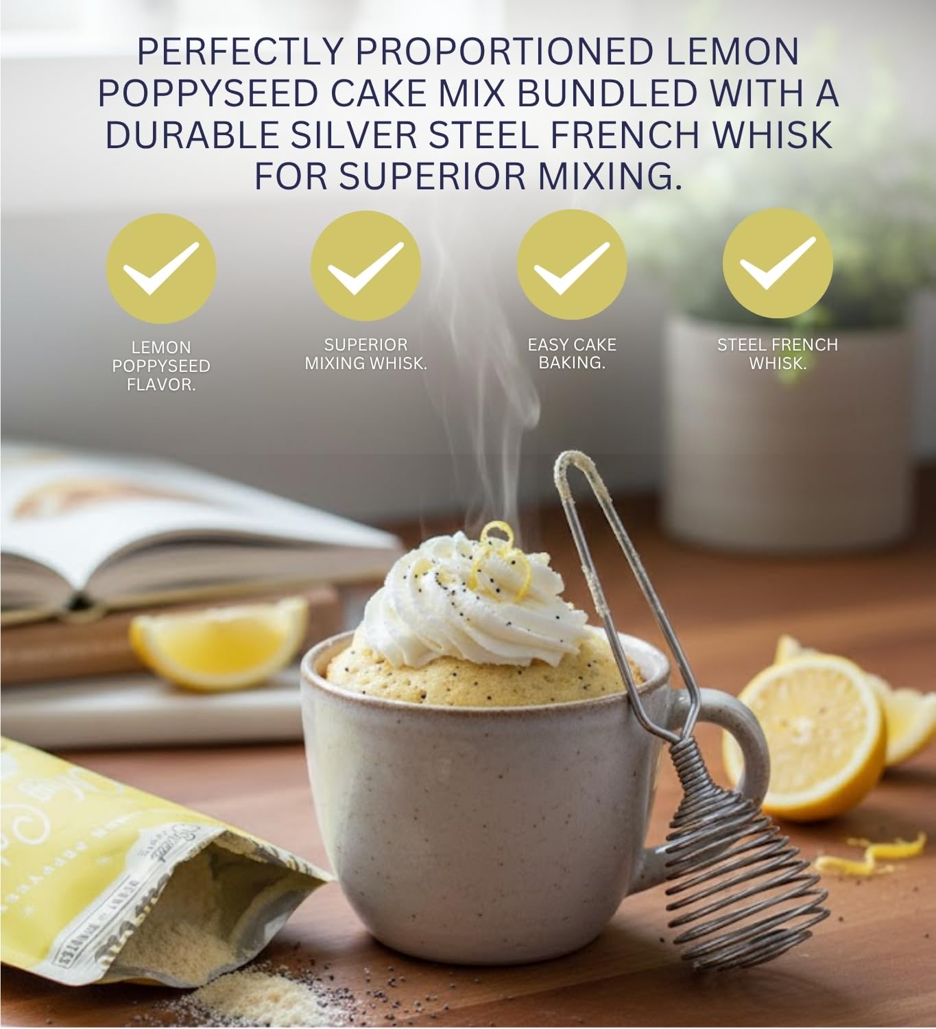 4x Sweet Logic Cake Mix Lemon Poppyseed 1.6 oz Bundle with Silver French Whisk - Low-Sugar High-Protein Mug Cake Mix for Gluten-Less Lemon Poppyseed