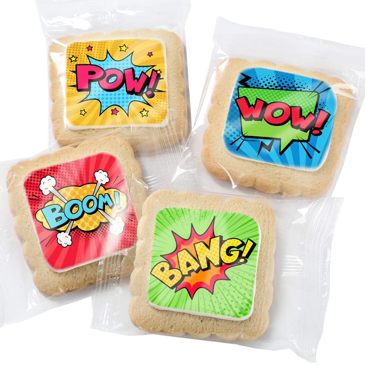 Superhero Cookies 24 Pack | Bulk Party Favors Birthday Party | Individually Wrapped | Pow Boom Bang Wow Treats Snacks