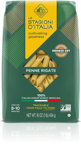 Le Stagioni D’Italia Penne rigate Pasta, 16 oz. Biodegradable Pack (1 pack) - 100% Traceable - Non-GMO Pasta Made with Only 100% Italian Durum Wheat