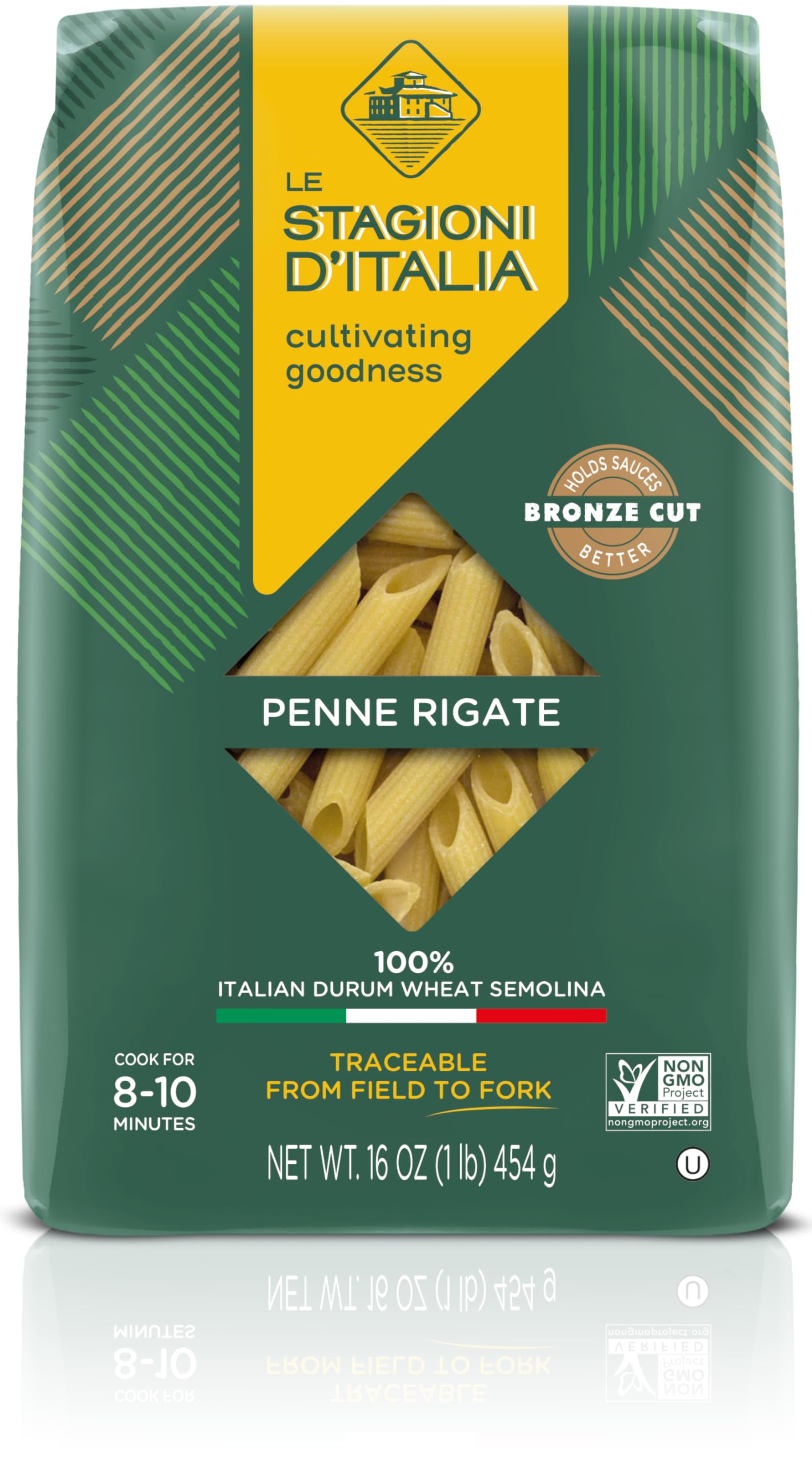 Le Stagioni D’Italia Penne rigate Pasta, 16 oz. Biodegradable Pack (1 pack) - 100% Traceable - Non-GMO Pasta Made with Only 100% Italian Durum Wheat