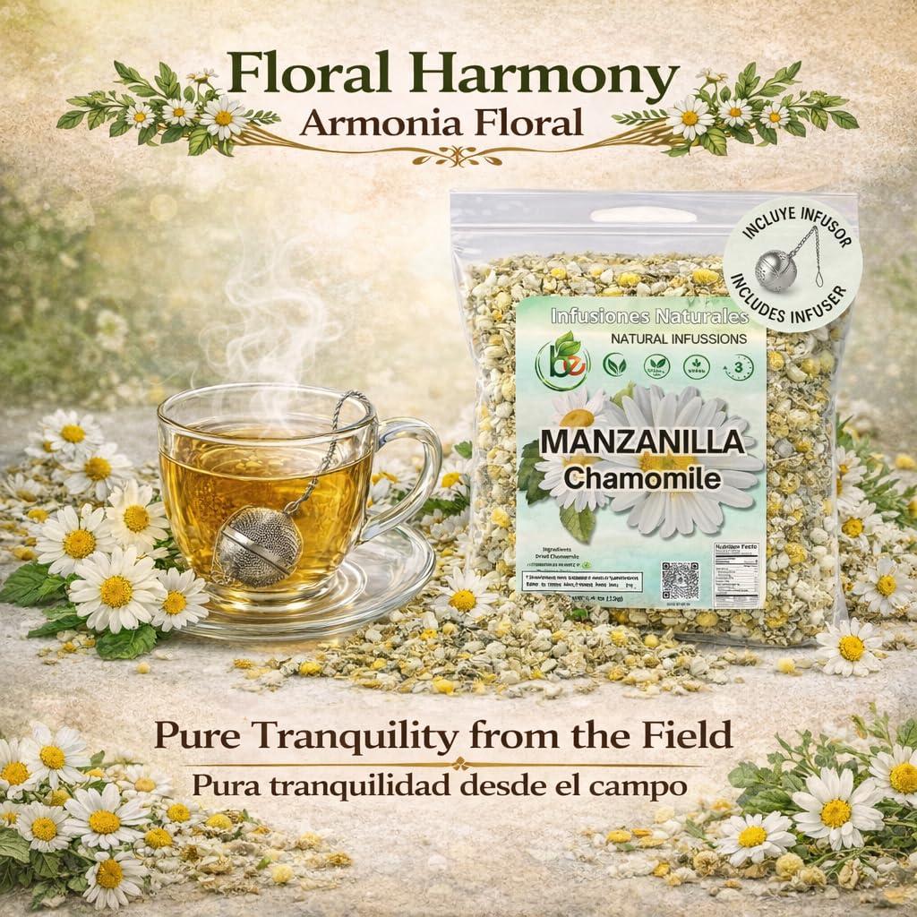 Manzanilla (Chamomile) Herbal Tea Set - 4 oz (113g) Premium Loose Leaf Flowers + Stainless Steel Tea Infuser - 100% Natural, Caffeine-Free, Vegan