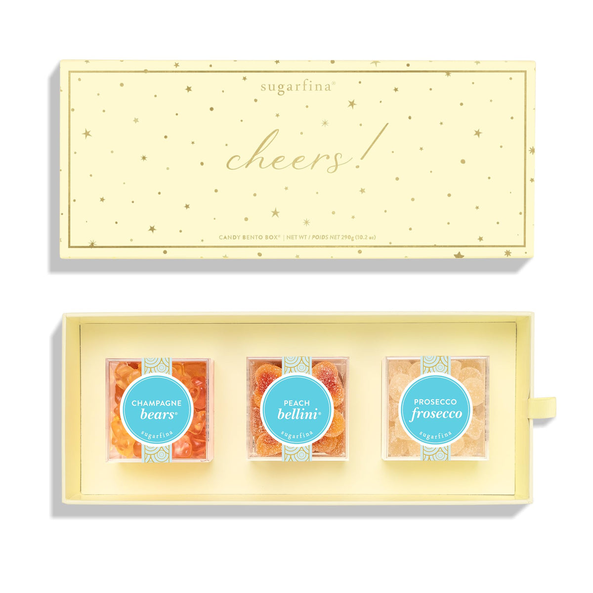 Sugarfina Cheers 3 Piece Candy Bento Box | Champagne Bears, Peach Bellini, Prosecco Frosecco