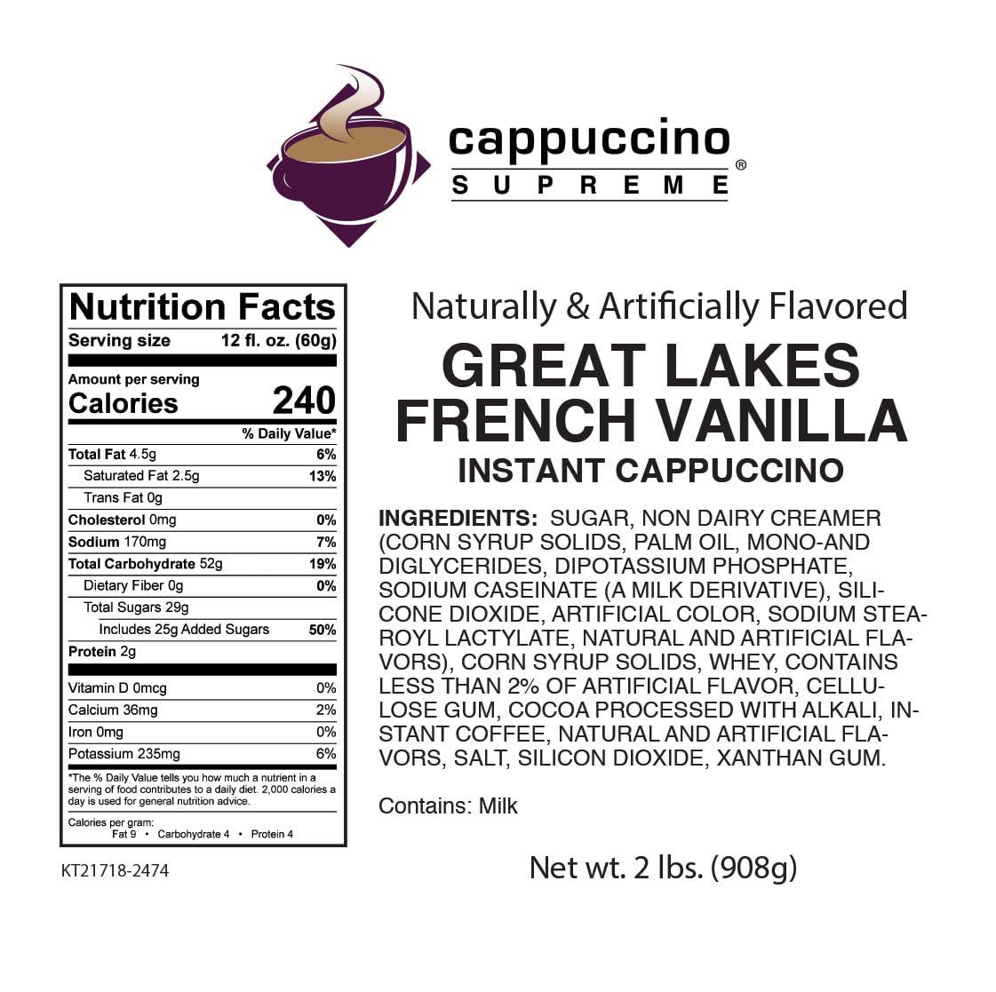 Cappuccino Supreme Great Lakes French Vanilla 2 lb bag Instant Cappuccino Mix