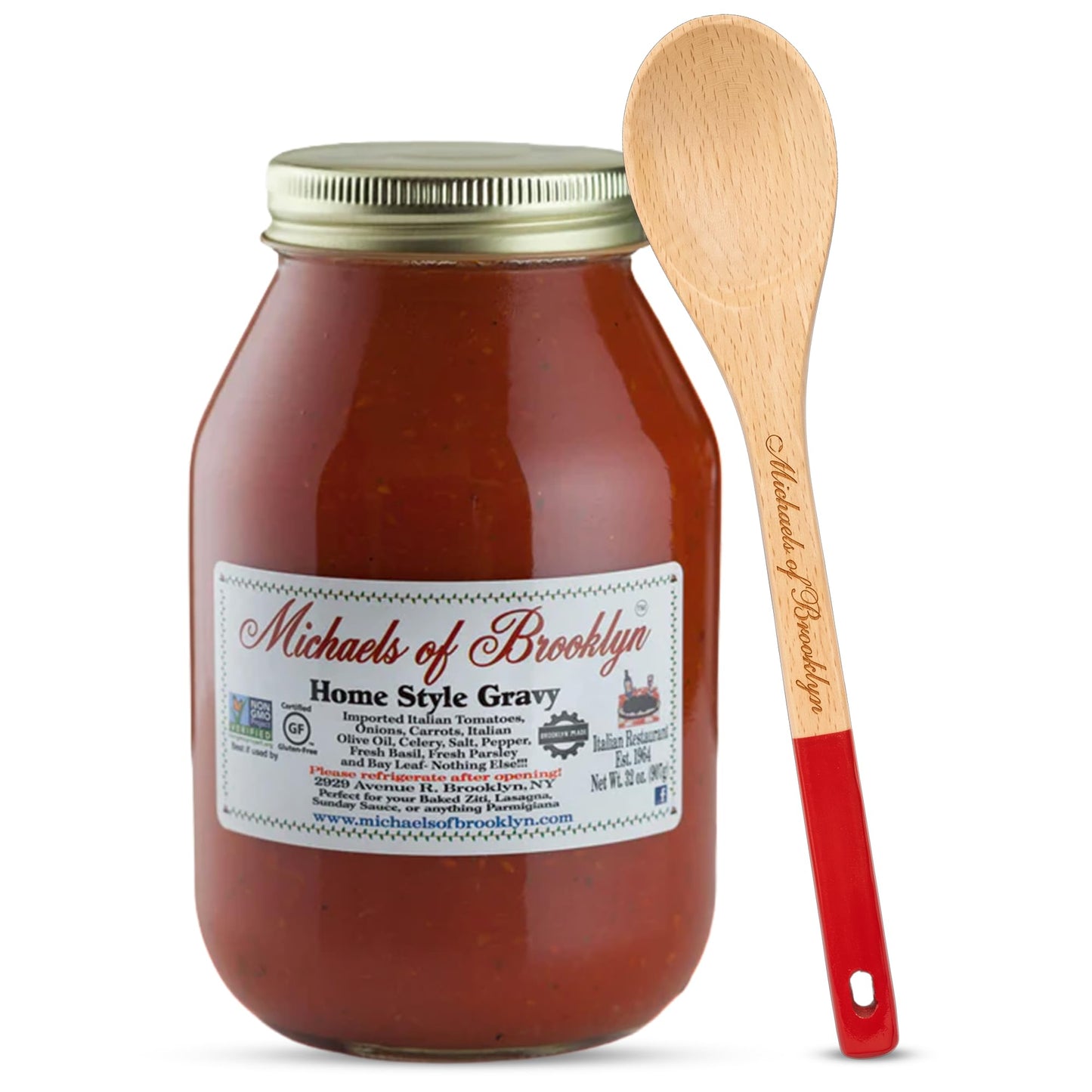 Michaels of Brooklyn Home Style Gravy, 32 oz with Spoon - Pasta Sauce Jar with Imported Italian Tomatoes, Fresh Basil & Parsley - Non-GMO, Certified