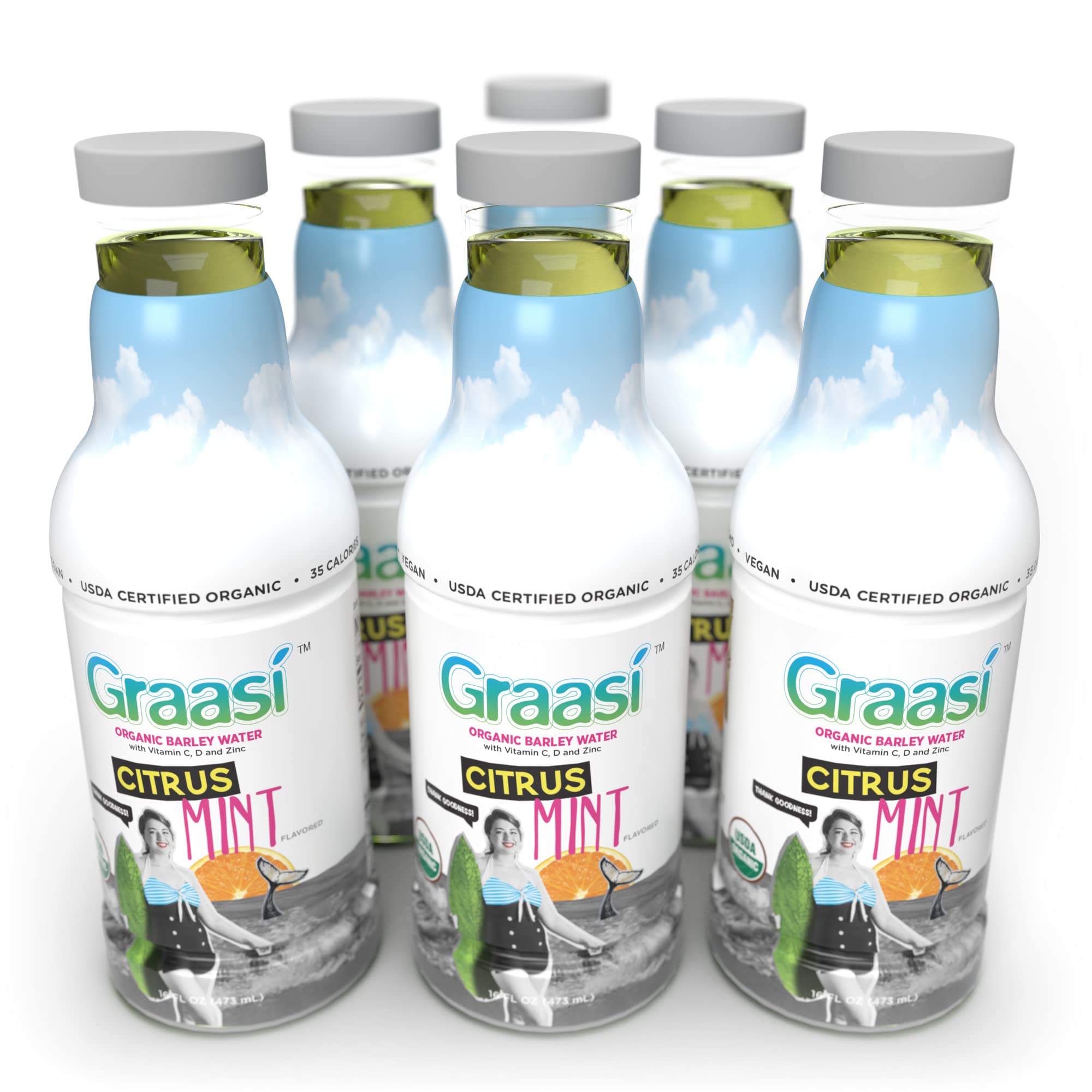Graasi Organic Barley Grass Water | Hydration Drink with Vitamin C, D, Zinc | USDA Organic, Non-GMO, Vegan | Low-Calorie Wellness Beverage | Citrus