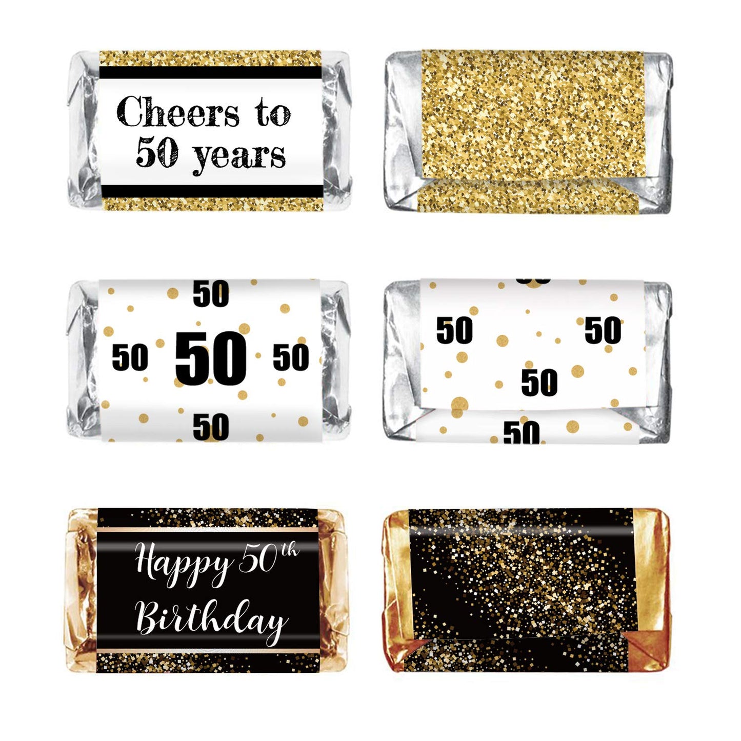 Black & Gold 50th Birthday Party Mini Candy Bar Wrapper Stickers - 50th Birthday Party Favors - Pack of 54