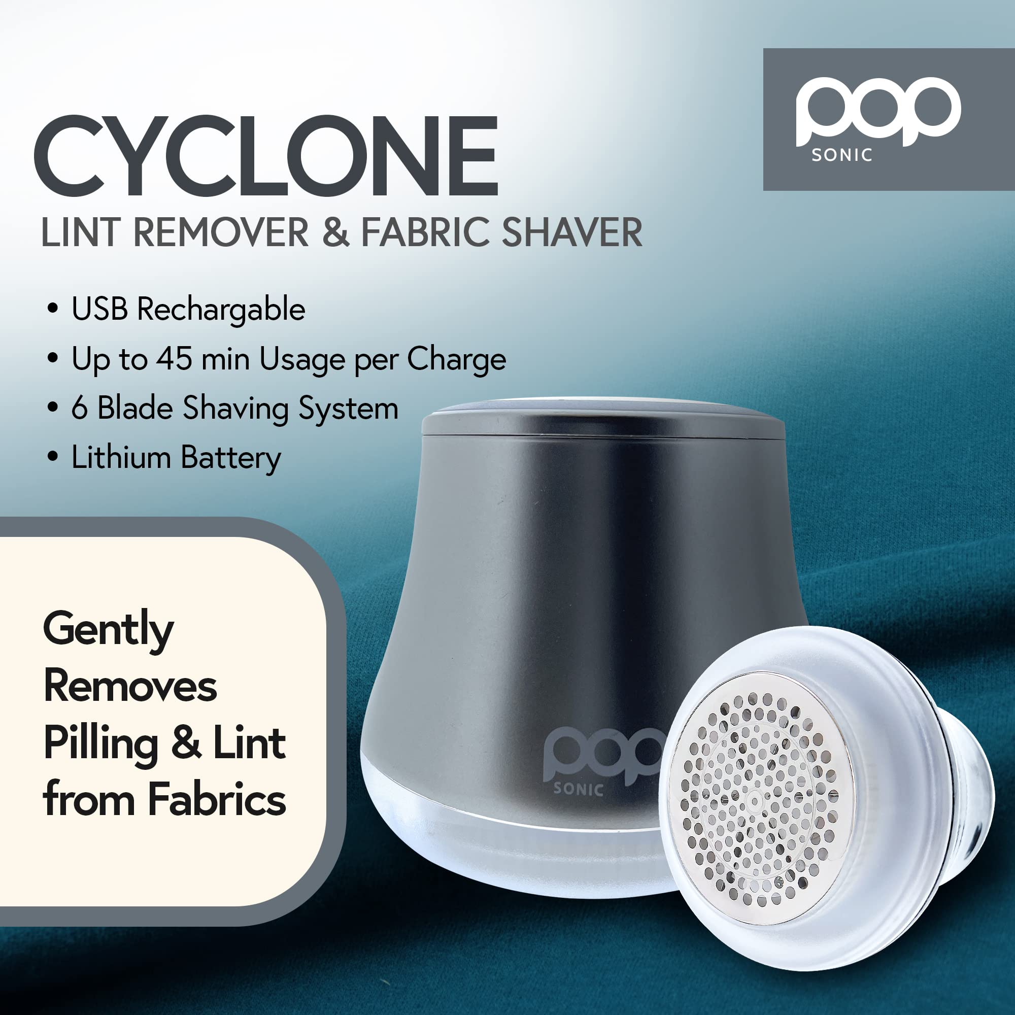 Fabric Shaver, Lint Remover Electric (Silver) - Rechargeable, 6 Blade System, Fabric Lint Shaver w/LED Light | One-Touch Activation Pill Shaver