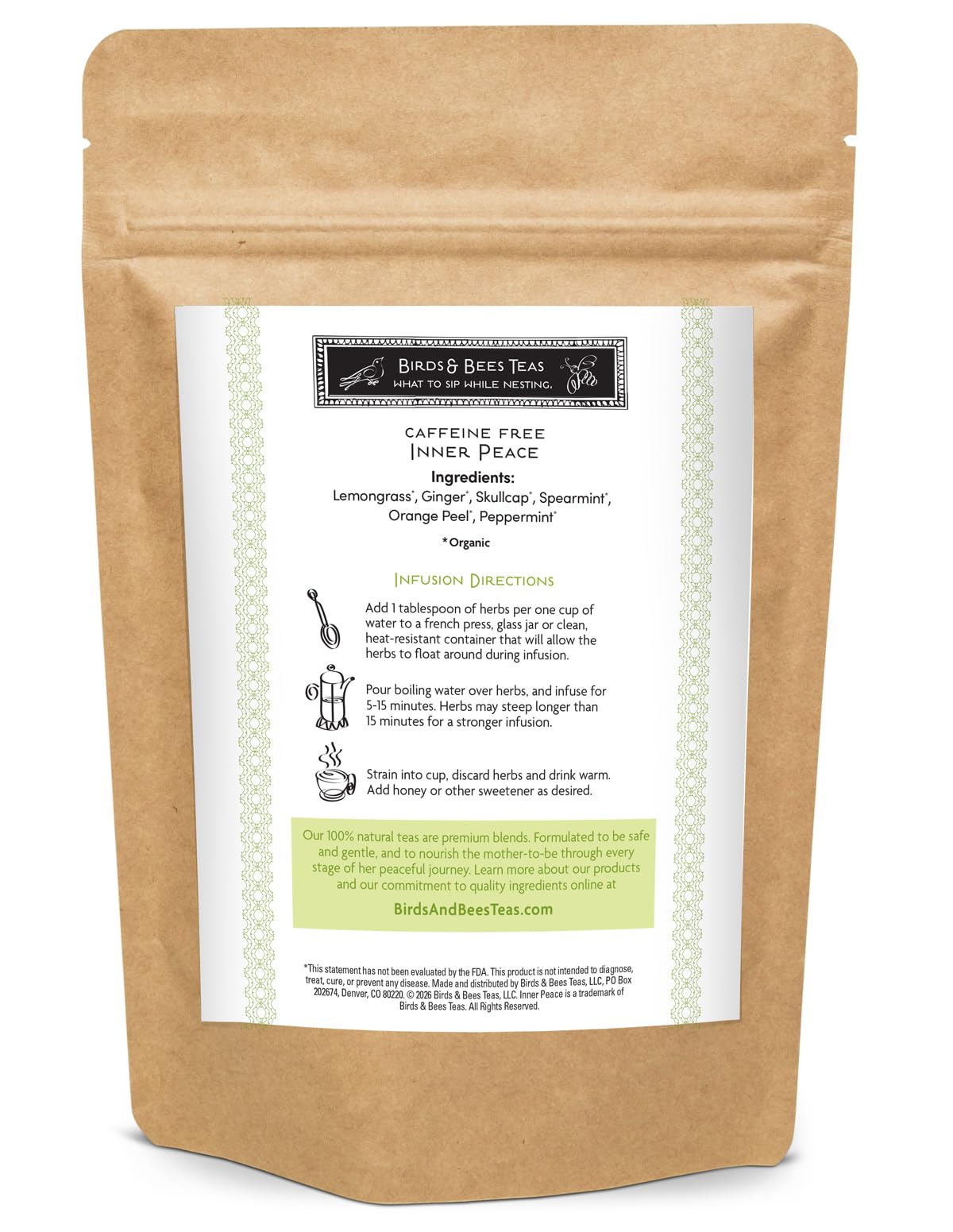 Birds & Bees Teas - Inner Peace Tea is a pregnancy nausea tea - Loose Leaf Blend with Lemongrass, Skullcap, Ginger, Spearmint, Orange Peel