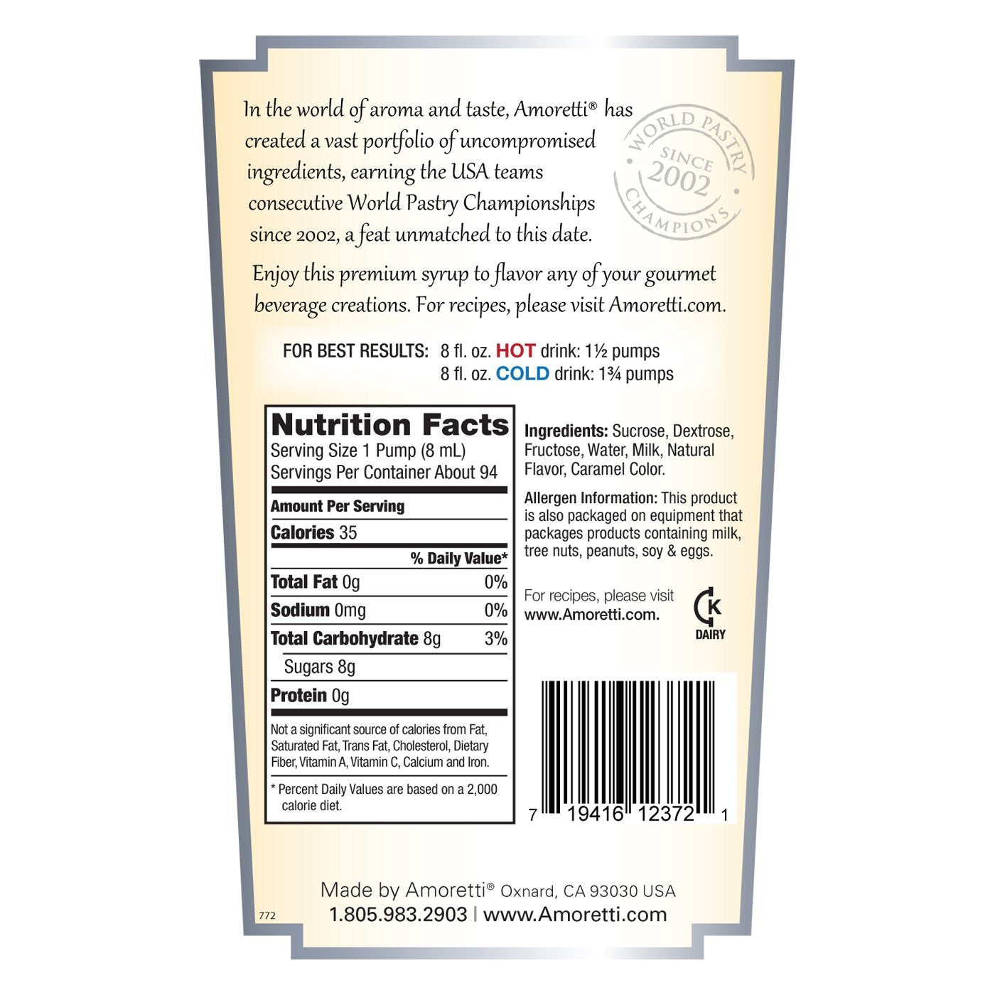 Amoretti Premium Syrup, White Chocolate Vanilla, 25.4 Ounce