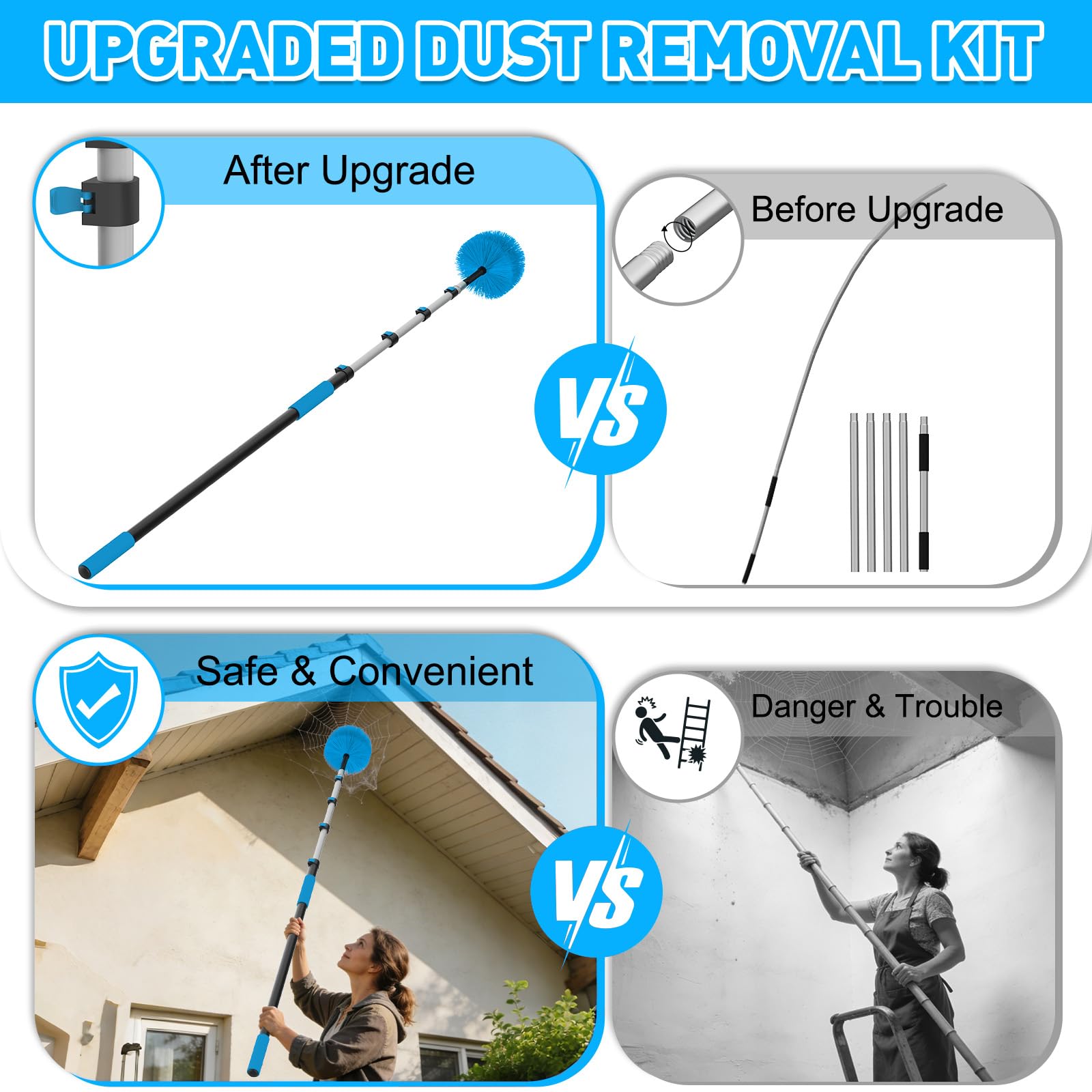 26FT Reach Cobweb Duster with Extension Pole - Spider Web Brush for Cleaning with 5-20FT 4-Section Flip-Lock Telescopic Pole, Effortlessly Cleans High