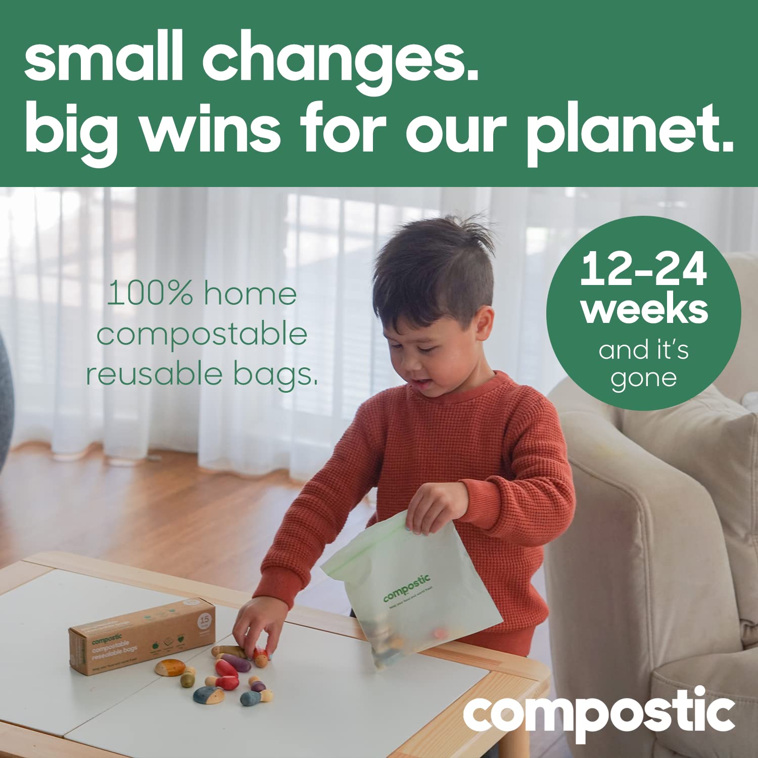 Compostic Compostable Gallon Bags (60 Count) Starter Pack - Resealable Zip-Seal, Plant-Based, Home Compostable, Freezer Safe, BPA-Free, Non-Toxic