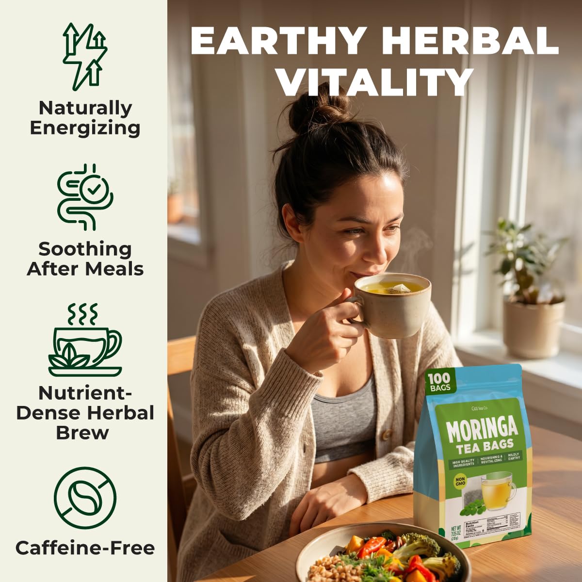 Gya Tea Co Moringa Tea (100 Bags) - Caffeine Free Natural Herbal Tea for Energy, Digestion - Made with Miracle Tree Moringa Leaves - Non-GMO, No