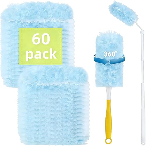 60-Pack Dust Mop Refill Pack, Disposable Power Dusting Duster Compatible with Swiffer. Includes 1 Handle and 3-Foot Extension Pole, Ideal for Cleaning