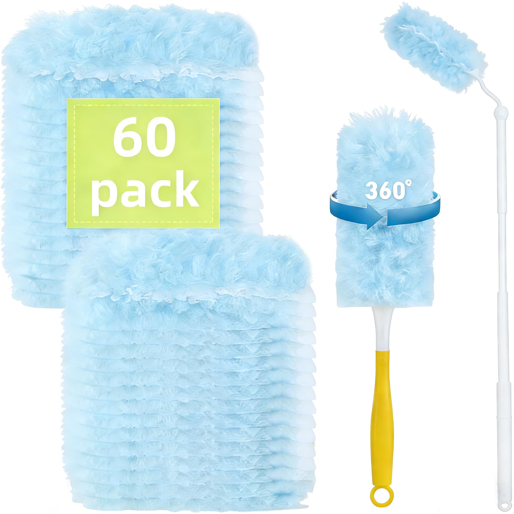 60-Pack Dust Mop Refill Pack, Disposable Power Dusting Duster Compatible with Swiffer. Includes 1 Handle and 3-Foot Extension Pole, Ideal for Cleaning