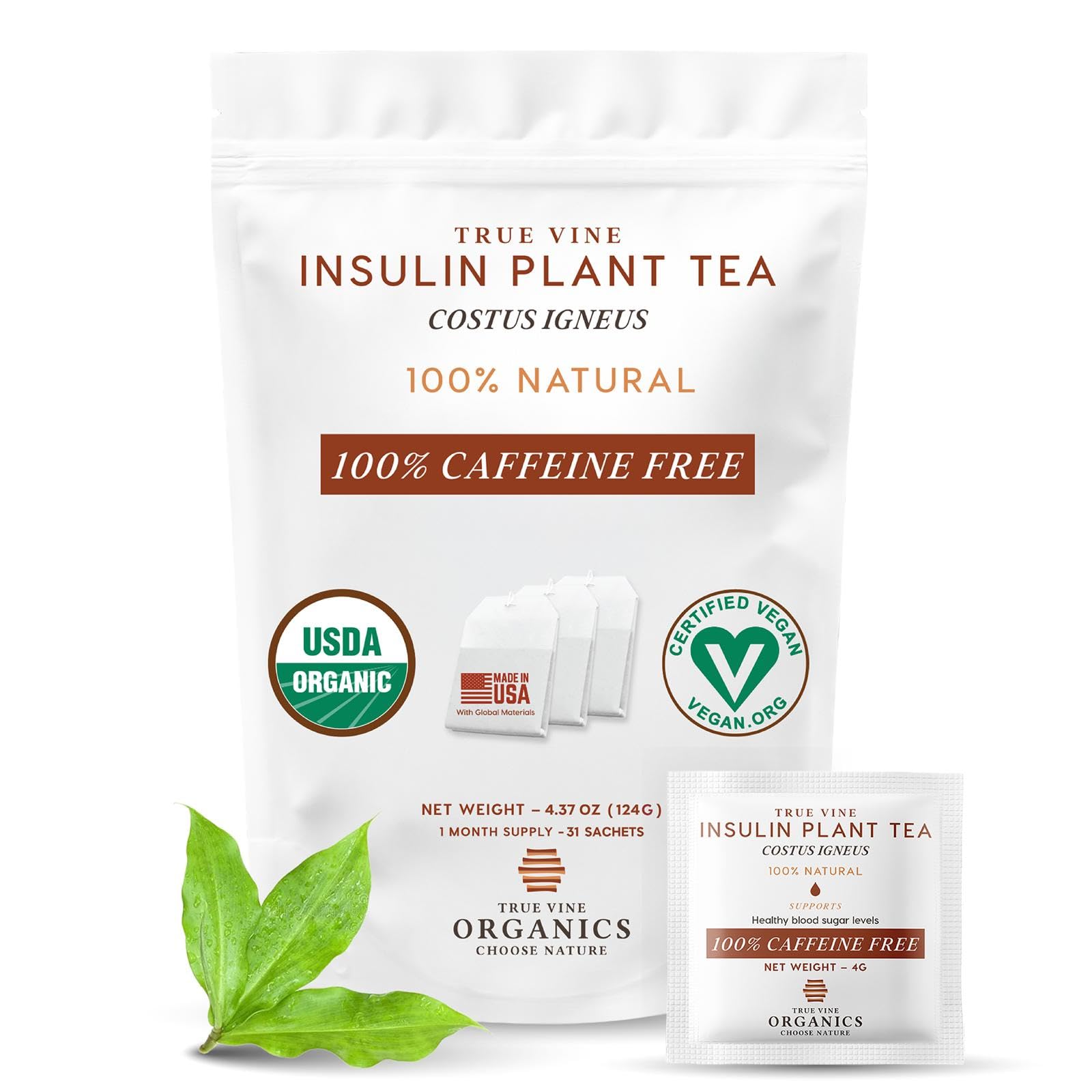 True Vine Insulin Plant Tea (USDA Organic) - Herbal Organic Tea Bags for Blood Sugar Support, Digestive Wellness & Metabolic Balance - 100% Natural