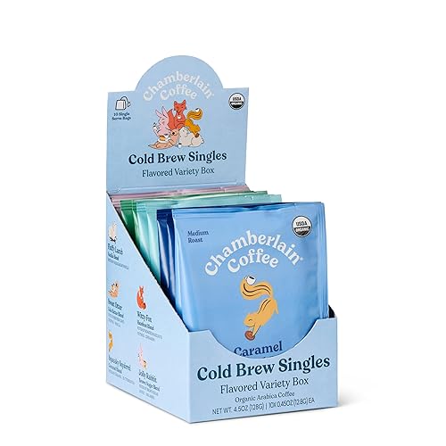 Chamberlain Coffee Flavored Variety Cold Brew Singles Medium Roast - USDA Organic, 10 Single Serve w/Different Flavors - Arabica Coffee - Smooth, Rich