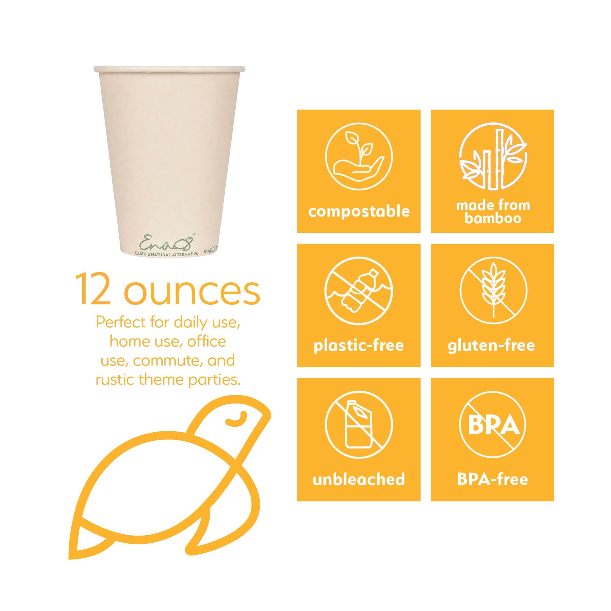 100% Compostable Disposable Coffee Cups [12oz 80 Pack] Paper Cups Made from Bamboo, Eco-Friendly, Biodegradable Premium Party Cups, Natural Unbleached