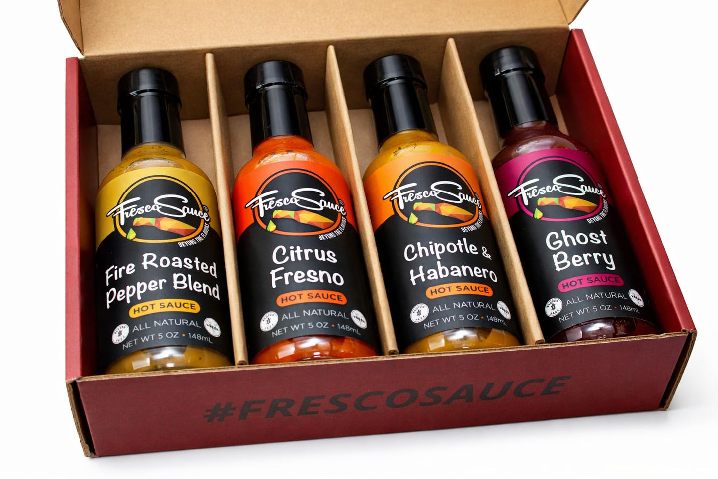 Hot Sauce Lover Gift Box by Fresco Sauce 4 Pack - Fire Roasted Pepper Blend - Citrus Fresno & Garlic - Chipotle & Habanero - Ghost Berry